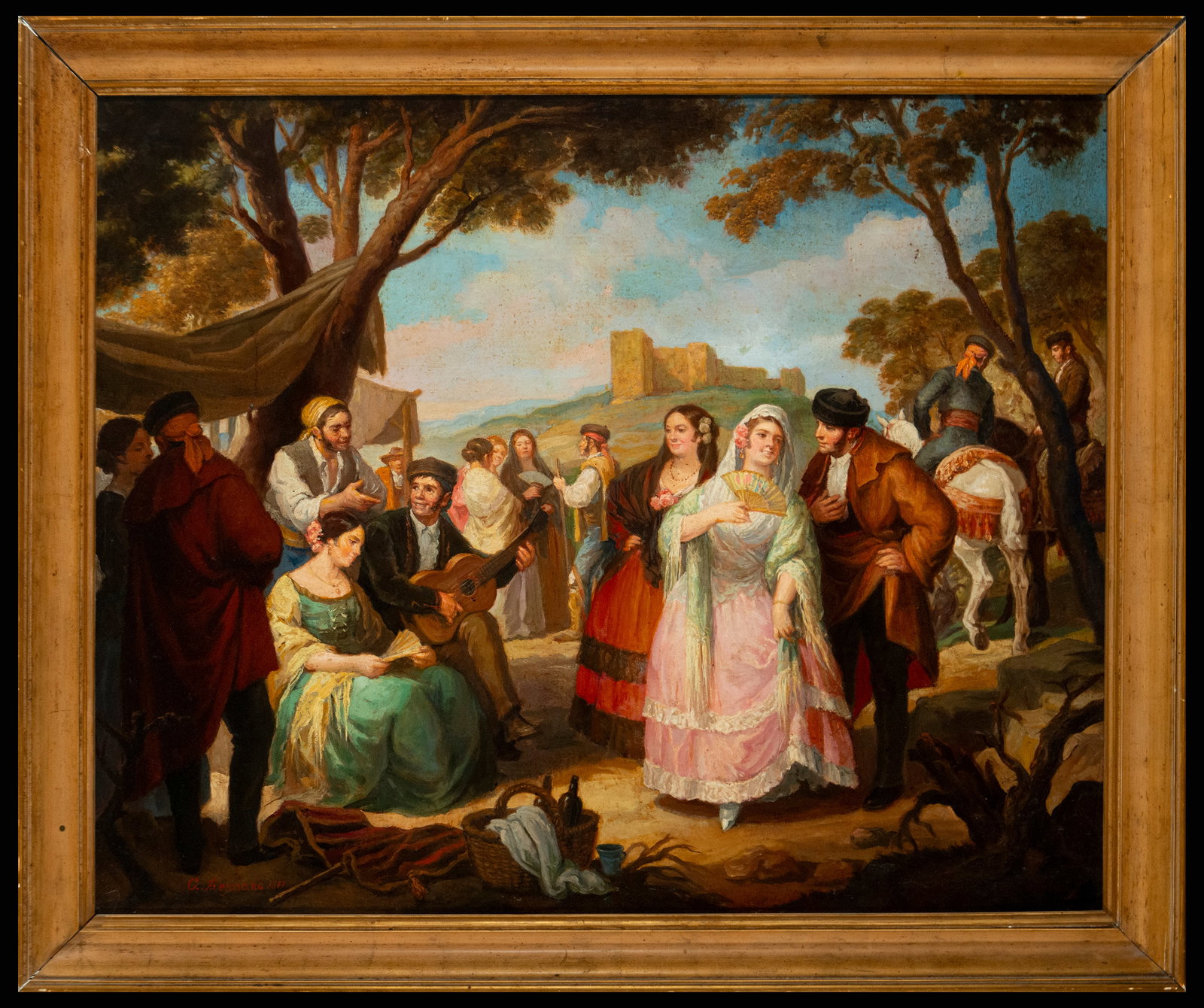 Sevillian School: Fair Scene - 19th Century: This vibrant fair scene, attributed to the influence of the Sevillian School of the 19th century, captures the essence of everyday life and popular festivities in Andalusia during that era. The compos