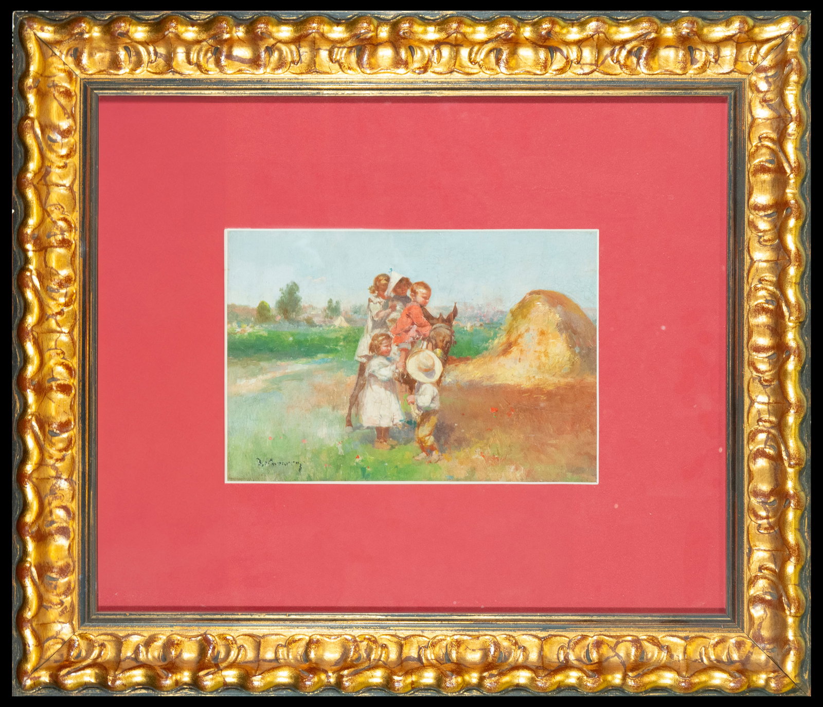 Children Playing in the Field, Italian School, 19th Century: A group of children enjoying a day in the countryside, captured in oil on canvas, reflecting rural Italian life in the 19th century. The work stands out for its joyful color palette and the liveliness