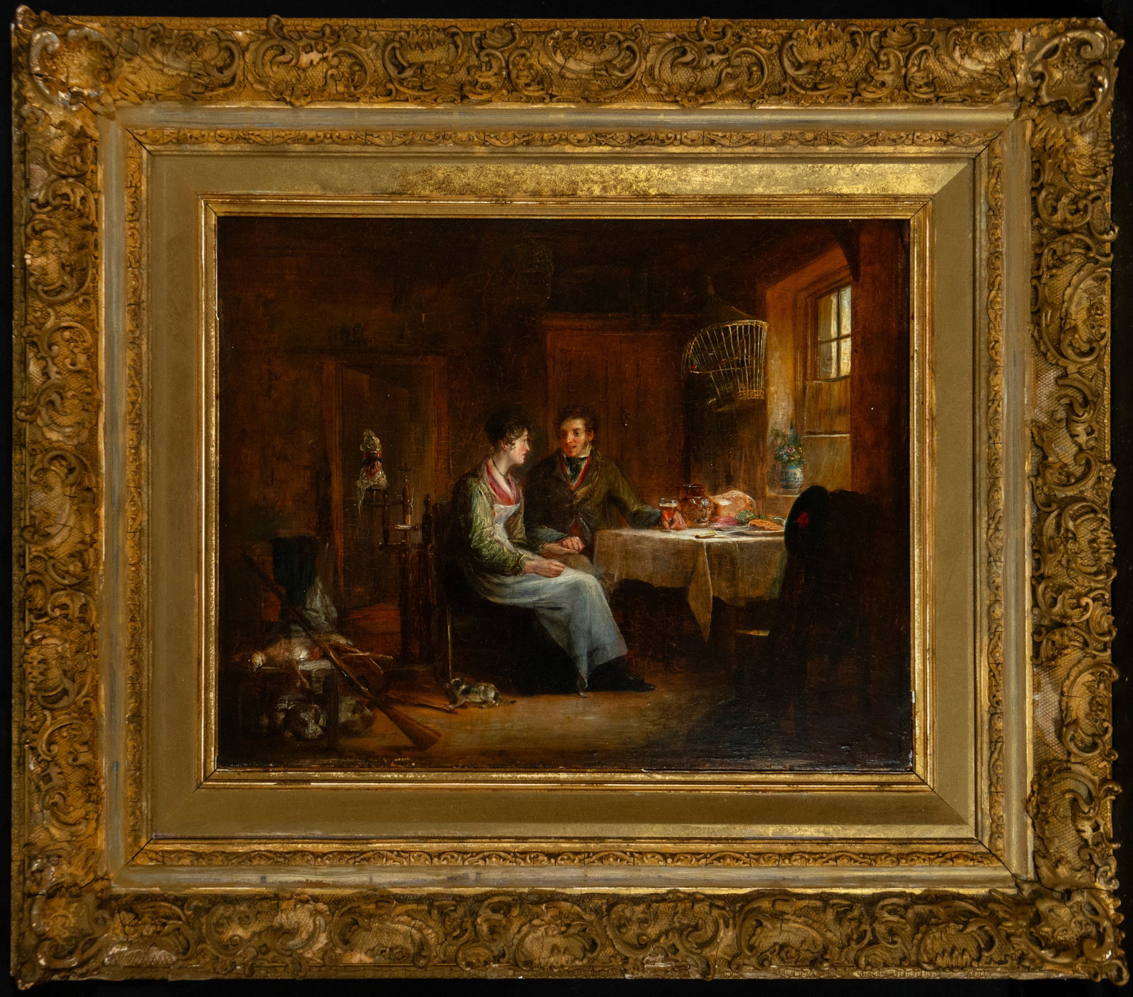 Oil on panel painting of characters in a romantic interior, English school, 19th century: Measurements: 55 cm x 42 cm and 83 cm x 72 cm