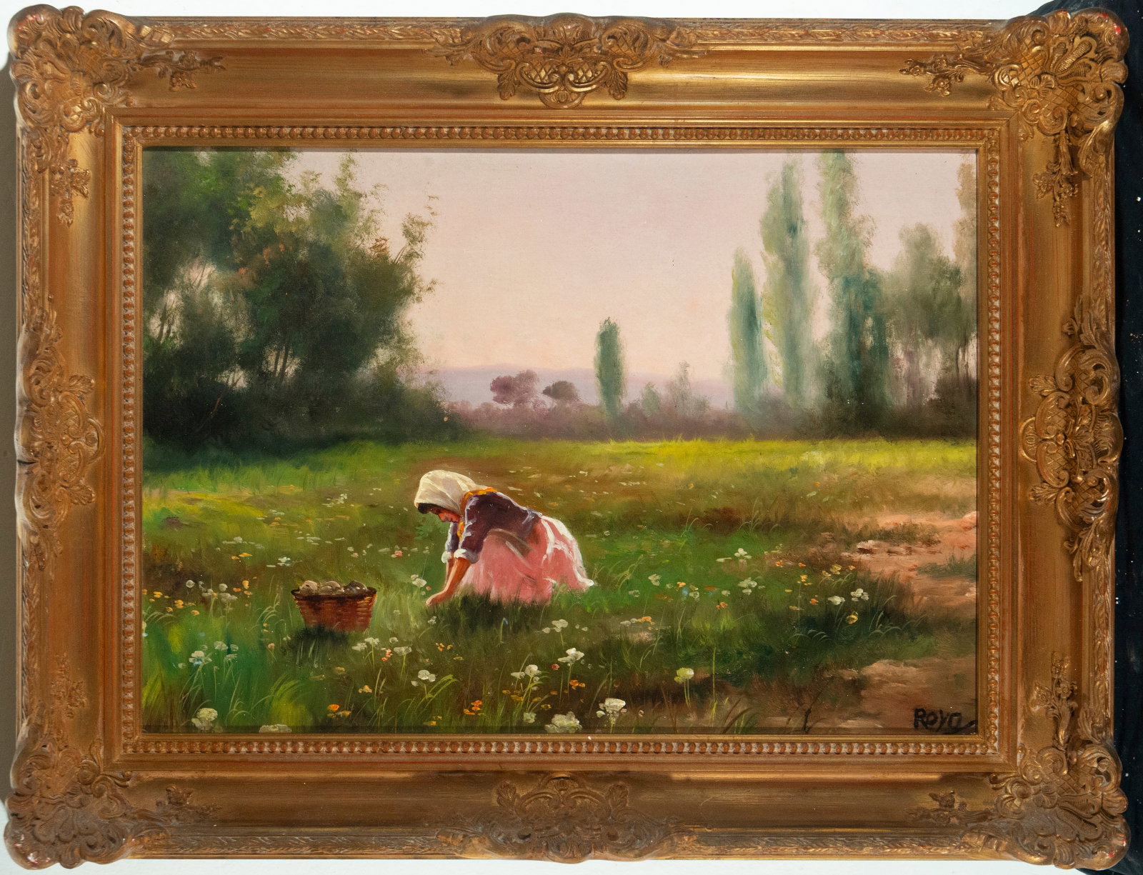 Girl picking flowers, signed Roya, European school, 20th century: Measurements: 71 cm x 49 cm and 91 cm x 69 cm