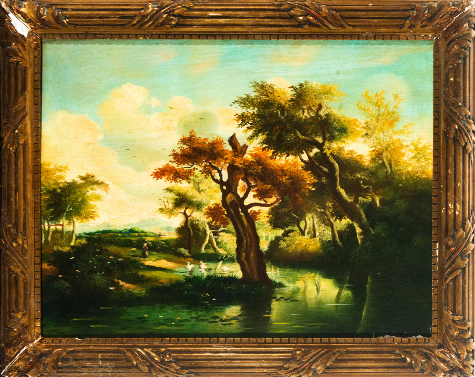 Oil painting on panel depicting a landscape with ducks: Measurements: 52 cm x 41 cm and 62 cm x 51 cm