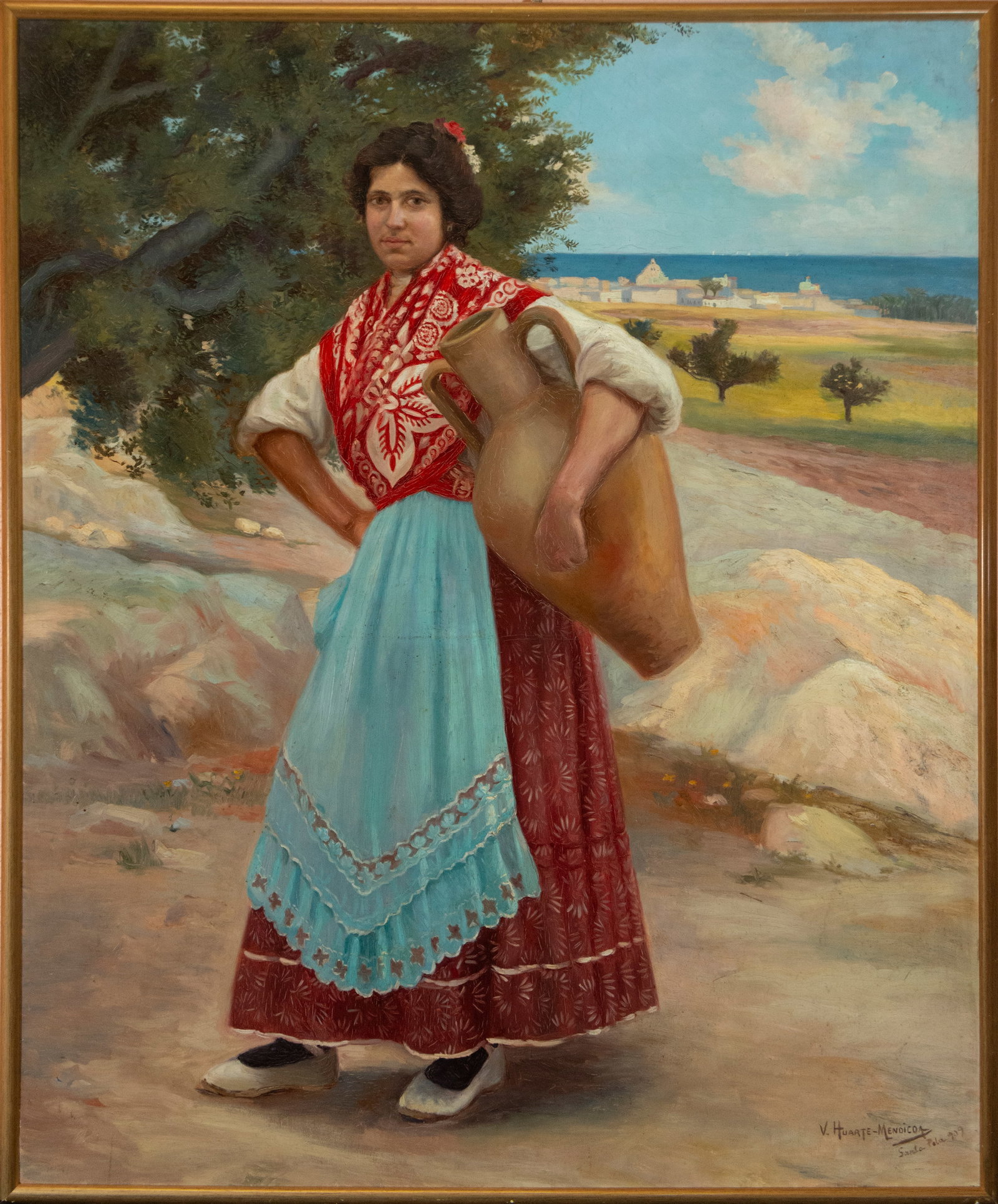 Oil painting canvas woman with jug Huarte Mendicoa - Spanish School of the 19th - 20th centuries: Measurements: 115 cm x 95 cm and 119 cm x 100 cm