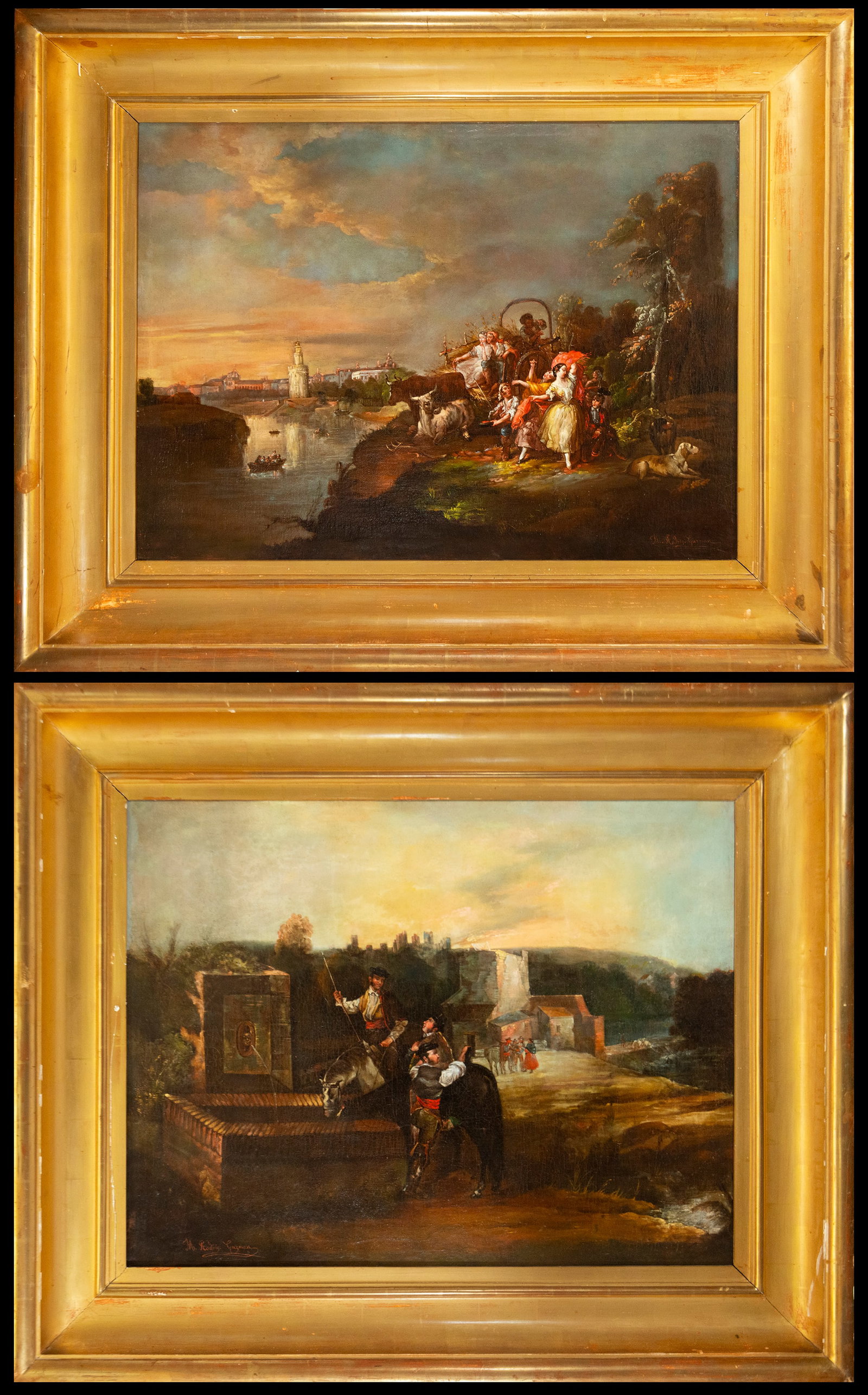 Spectacular Pair of Andalusian Costumbrist Scenes - Manuel Rodríguez de Guzmán, 19th century: Oil on canvas. Measurements: 86 cm x 64 cm and 113 cm x 91 cm