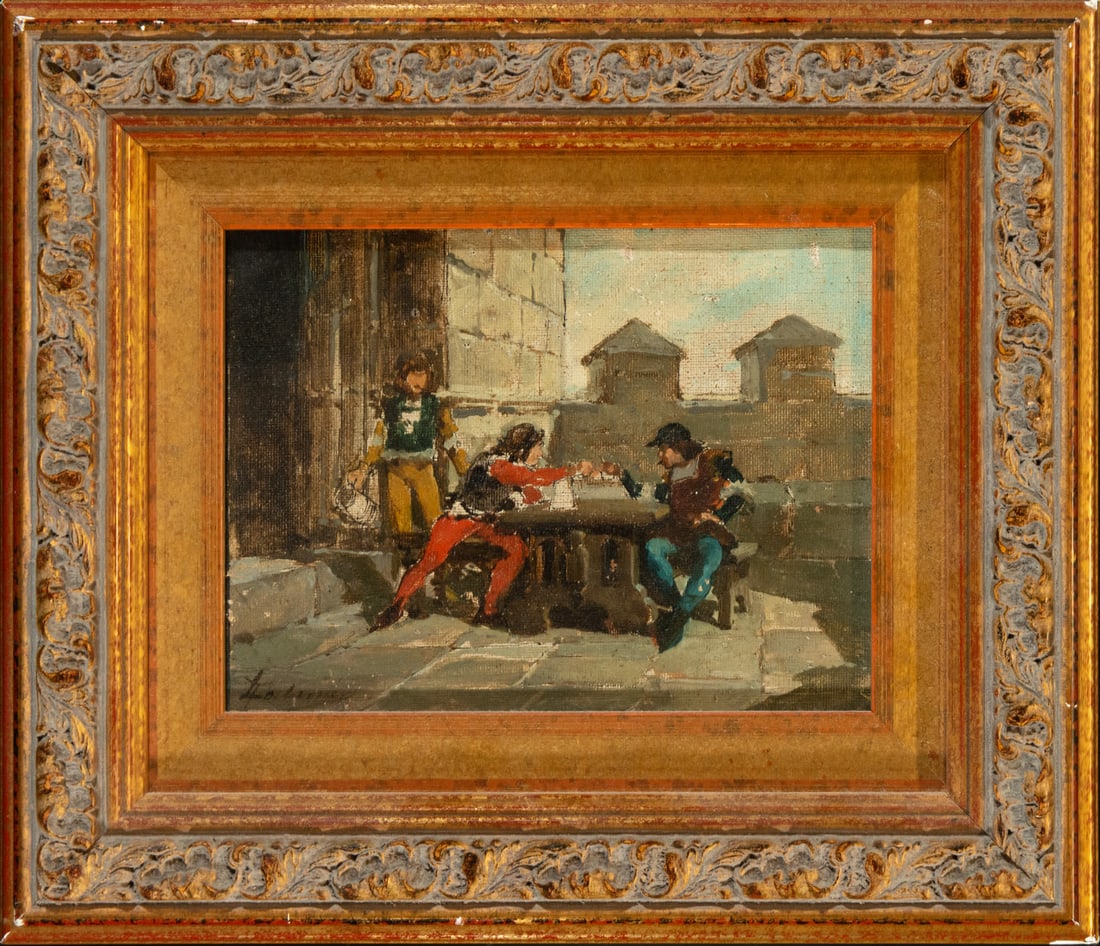 Fight in the patio of a Tavern, European style of the 19th century, signed (1 of 4)