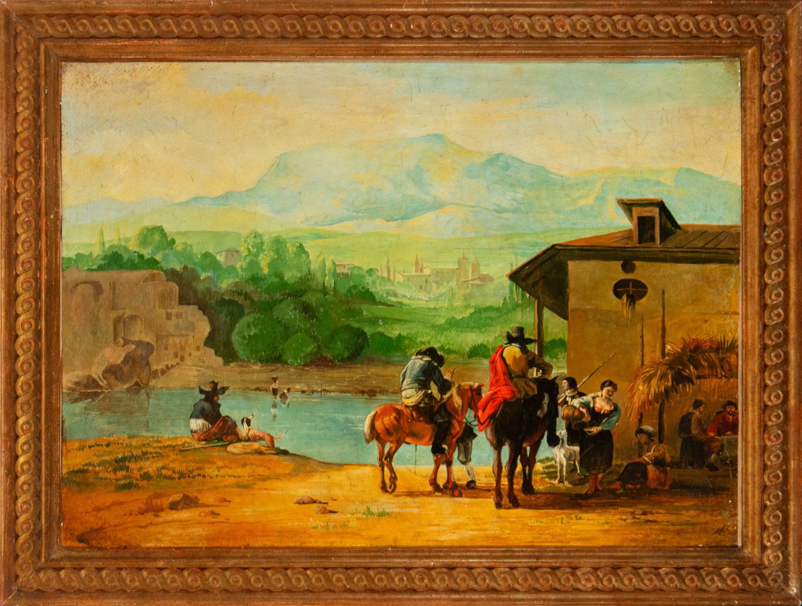 Oil on canvas, The Stop, Italian master around 1800, Naples: Measurements: 62 cm x 47 cm and 72 cm