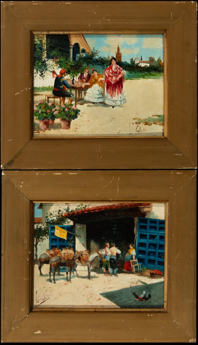 Luís Vélez (signed), Pair of paintings of costumbrista scenes, Spanish school, 19th - 20th: Pair of oil paintings on cardboard. Identical dimensions. Unframed: 18 x 14. Framed: 24 x 21. One scene shows three figures and three donkeys outside a winery. The other shows flamenco dancers in a su
