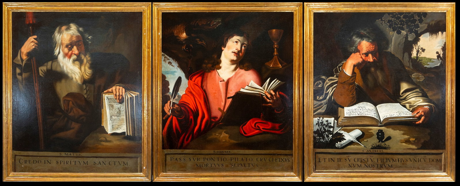 Artus Wolffort (Antwerp, 1581 – 1641) and workshop - Saint Matthew, Saint John and Saint Andrew: Oil on canvas. Dimensions: 117 x 96 cm (each). We are grateful for the cataloging assistance of Professor Hans Vlieghe, who has identified the master's hand in this series, with the help of his worksh