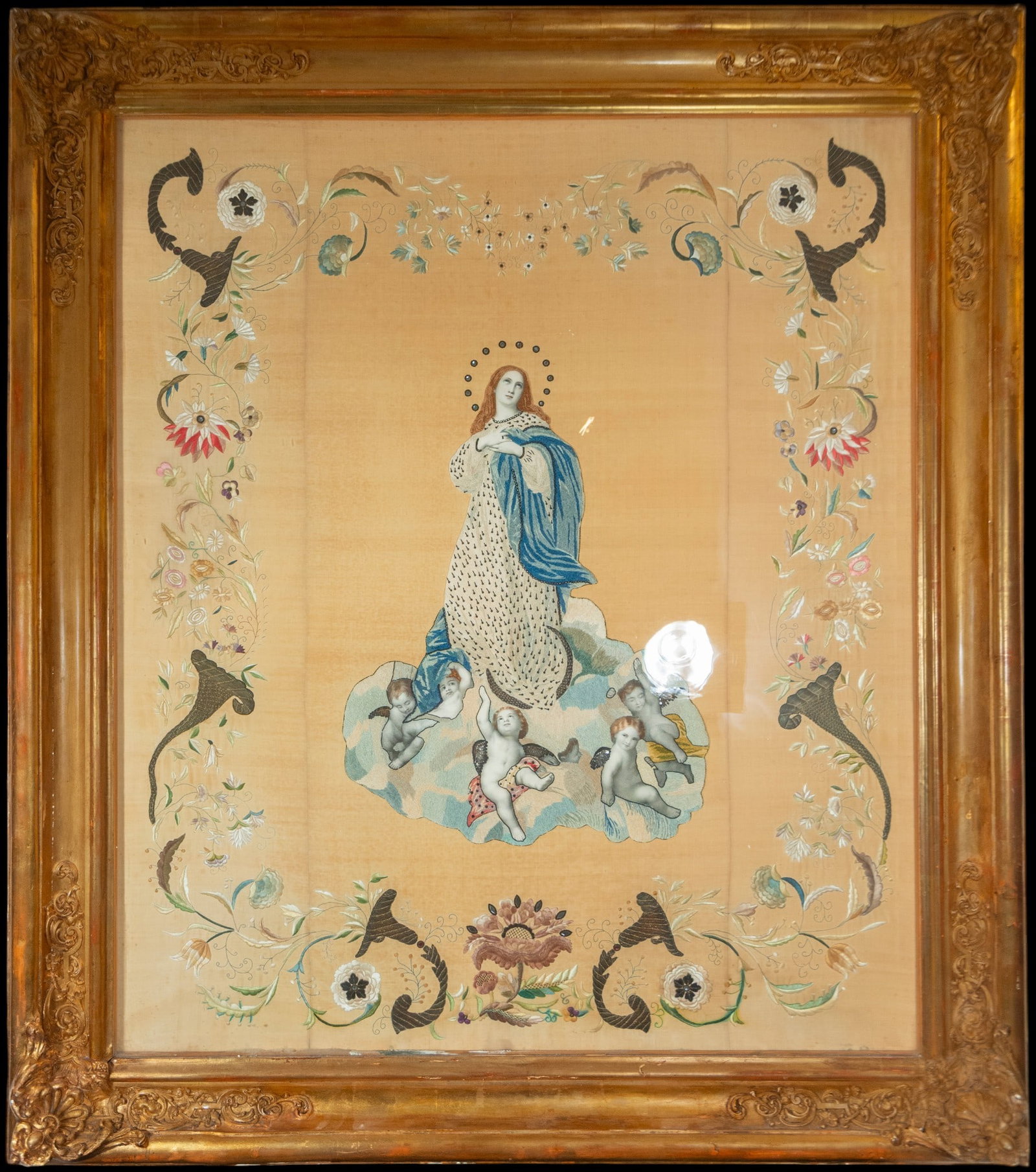 Convent work of cloistered nuns - Immaculate Conception embroidery from the 18th century: Measurements: 120cm x 103cm; 143cm x 128cm.