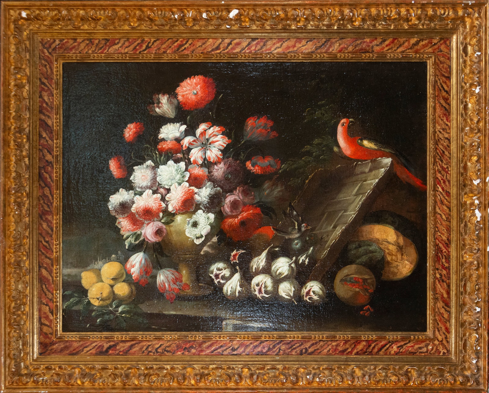 Attributed to MARIO NUZZI, called MARIO DEI FIORI, Still Life with Flowers and Bird, 17th Century: Measurements: 99cm x 73cm; 129cm x 103cm.