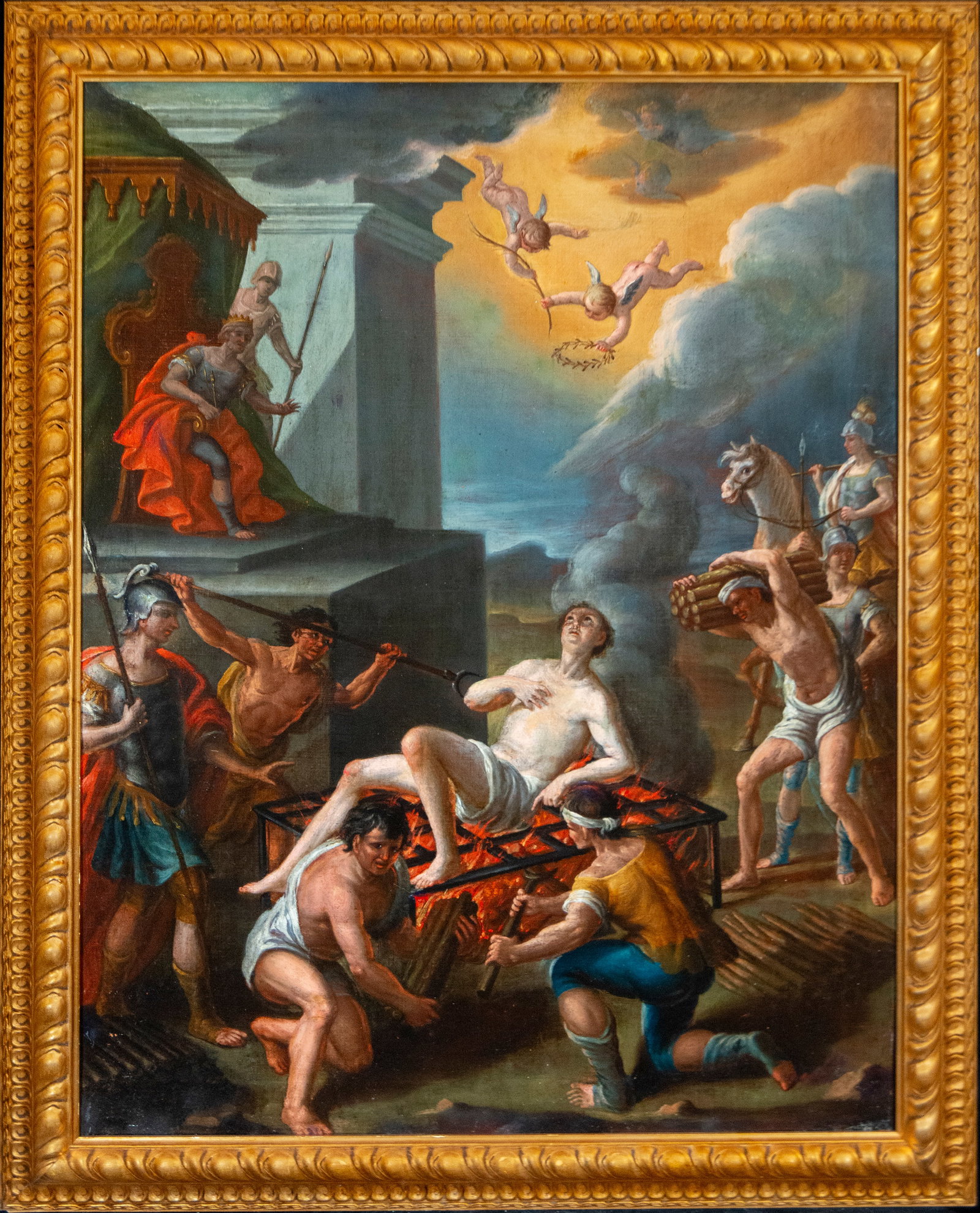 17th Century Roman Master - The Martyrdom of Saint Lawrence: Measurements: 89cm x 69cm; 103cm x 84cm.