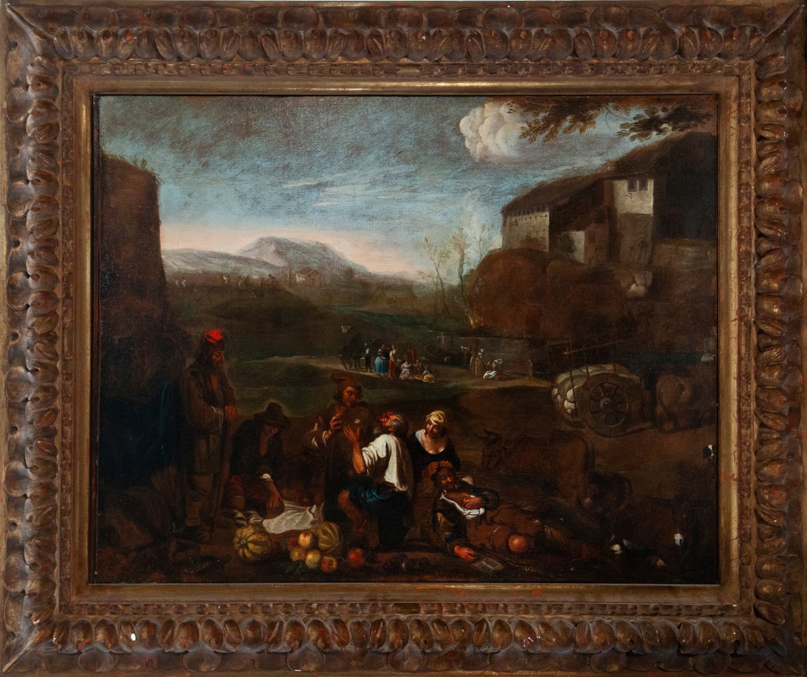 MARKET SCENE - 17TH CENTURY FLEMISH MASTER: Oil on canvas. Dimensions: 89 x 72 cm (unframed), 104 x 97 cm (framed). The scene unfolds in an open space beside a road and a rustic building, where peasants, merchants, and travelers gather on a liv