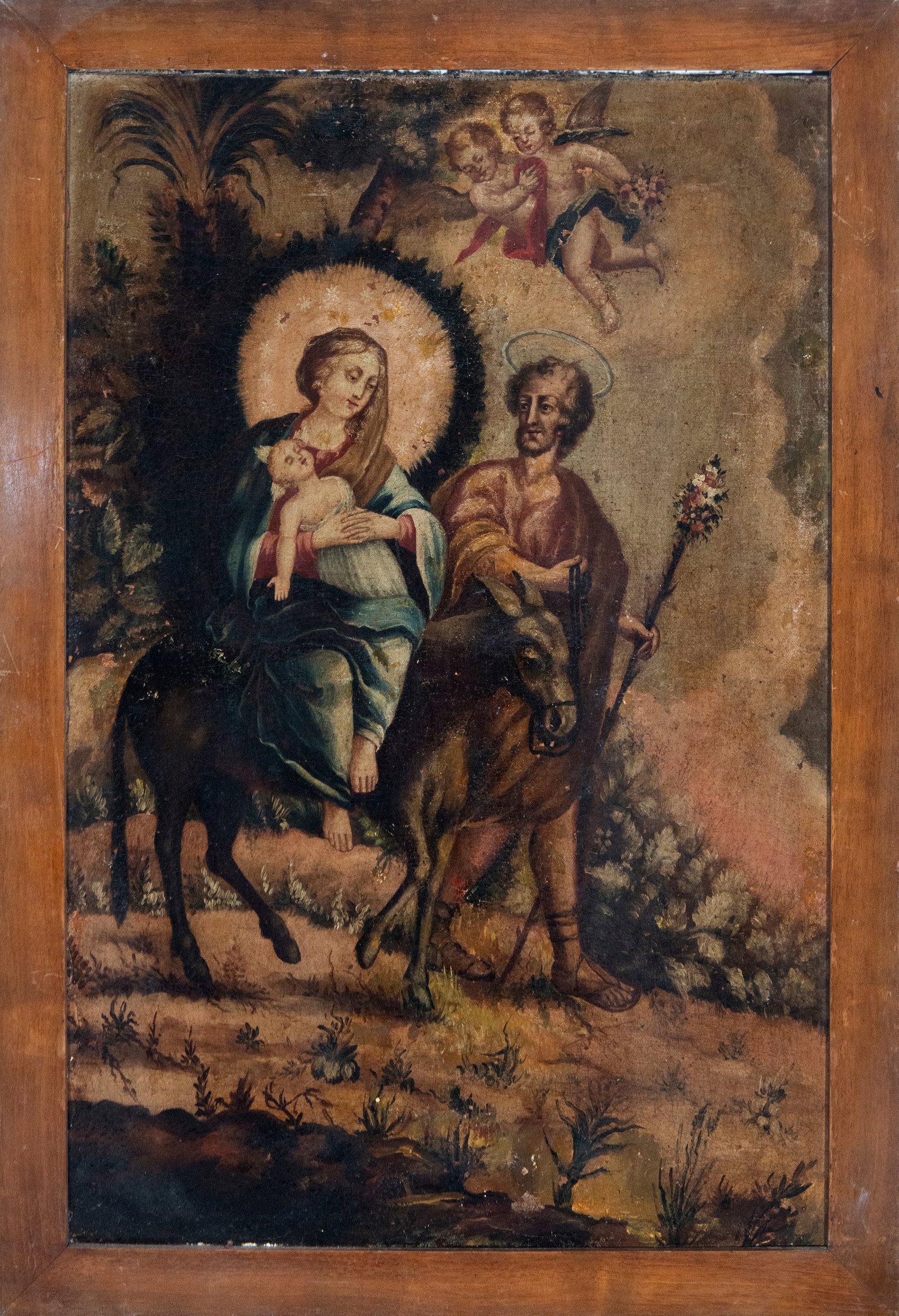 Flight to Egypt. Mexican viceregal school. 18th century.: Oil on canvas. Measurements: 92 x 62 cm without frame, 104 x 73 cm