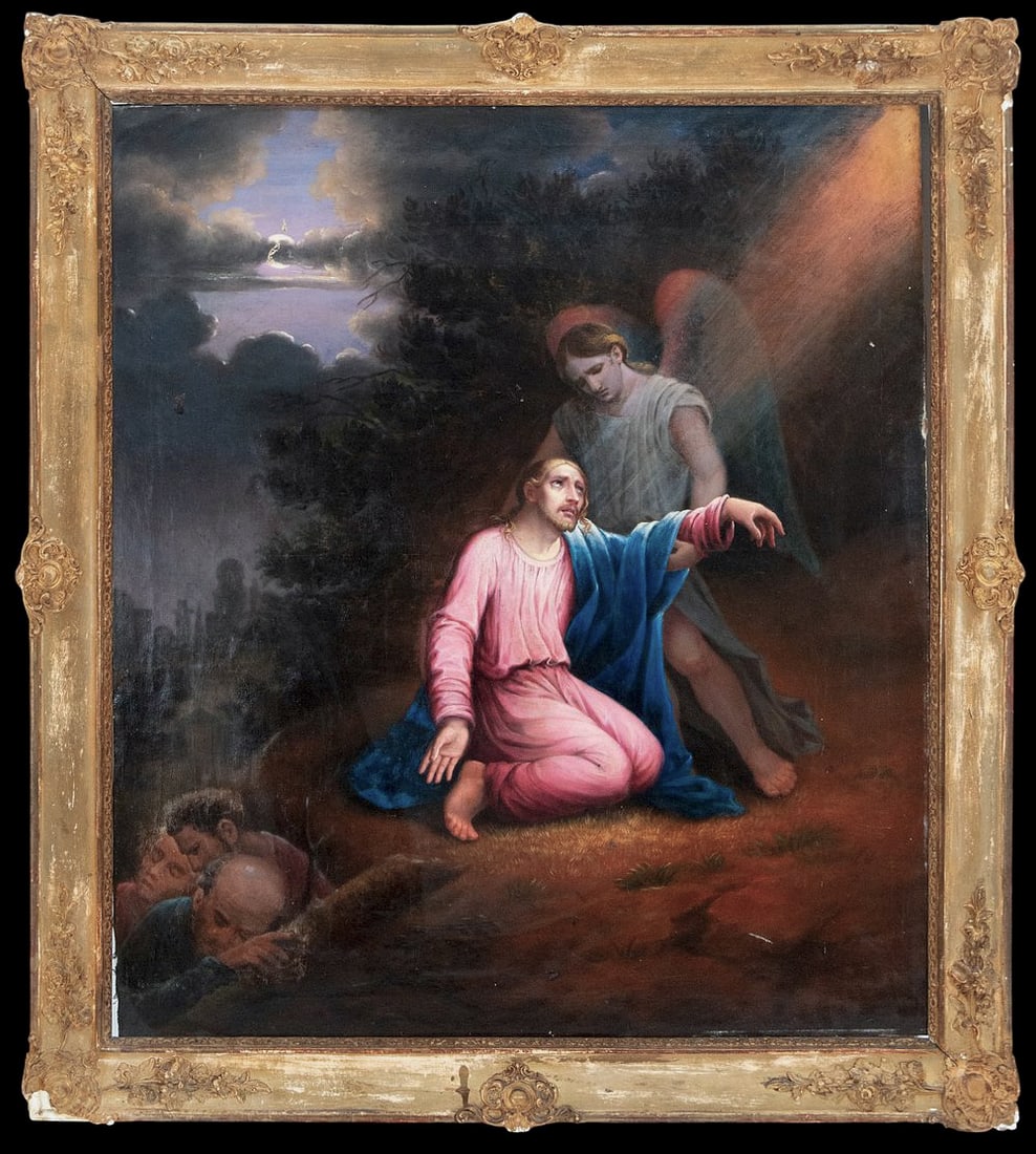 Prayer in the Garden. Manner, Circle of Ramon Bayeu - 18th Century.: Oil on canvas. Dimensions: 99 x 84 cm without frame, 115 x 105 cm with frame. Provenance: important private Spanish collection.