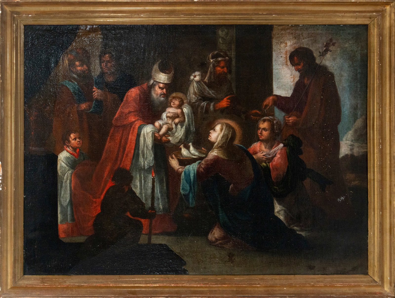 Presentation of Jesus in the Temple. Hispanic Baroque School. 18th Century.: Oil on canvas. Dimensions: 103 x 80 cm and 116 x 92 cm. The work depicts the Presentation of Jesus in the Temple, one of the key episodes of Christ's childhood. In the center, the elderly Simeon holds