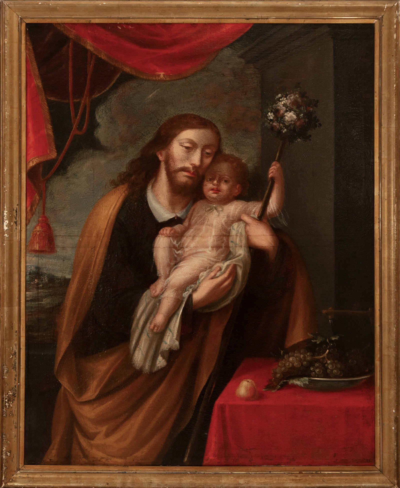 Saint Joseph with the Child. Andean viceregal school. 18th century.: Oil on canvas. Dimensions: 125 x 95 cm and 138 x 105 cm. In this devotional image, Saint Joseph is depicted holding the Christ Child with a serene and protective expression. The Child, standing uprigh