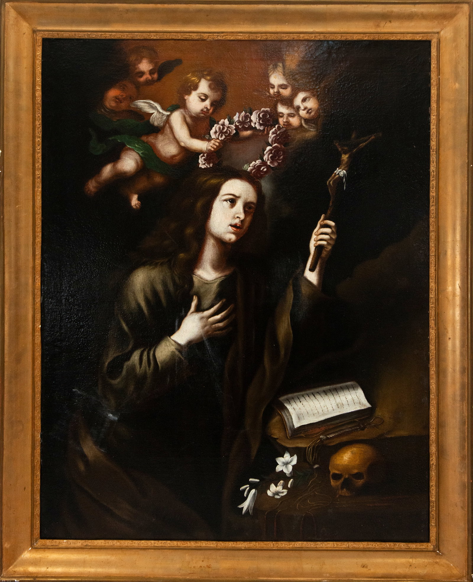Penitent Saint with Angels. New Spanish Baroque School. 18th Century.: Oil on canvas. Dimensions: 123 x 93 cm and 140 x 108 cm. The work presents a profoundly mystical scene, where a female figure—probably Saint Rose of Lima or Mary Magdalene—is shown in a contemplat