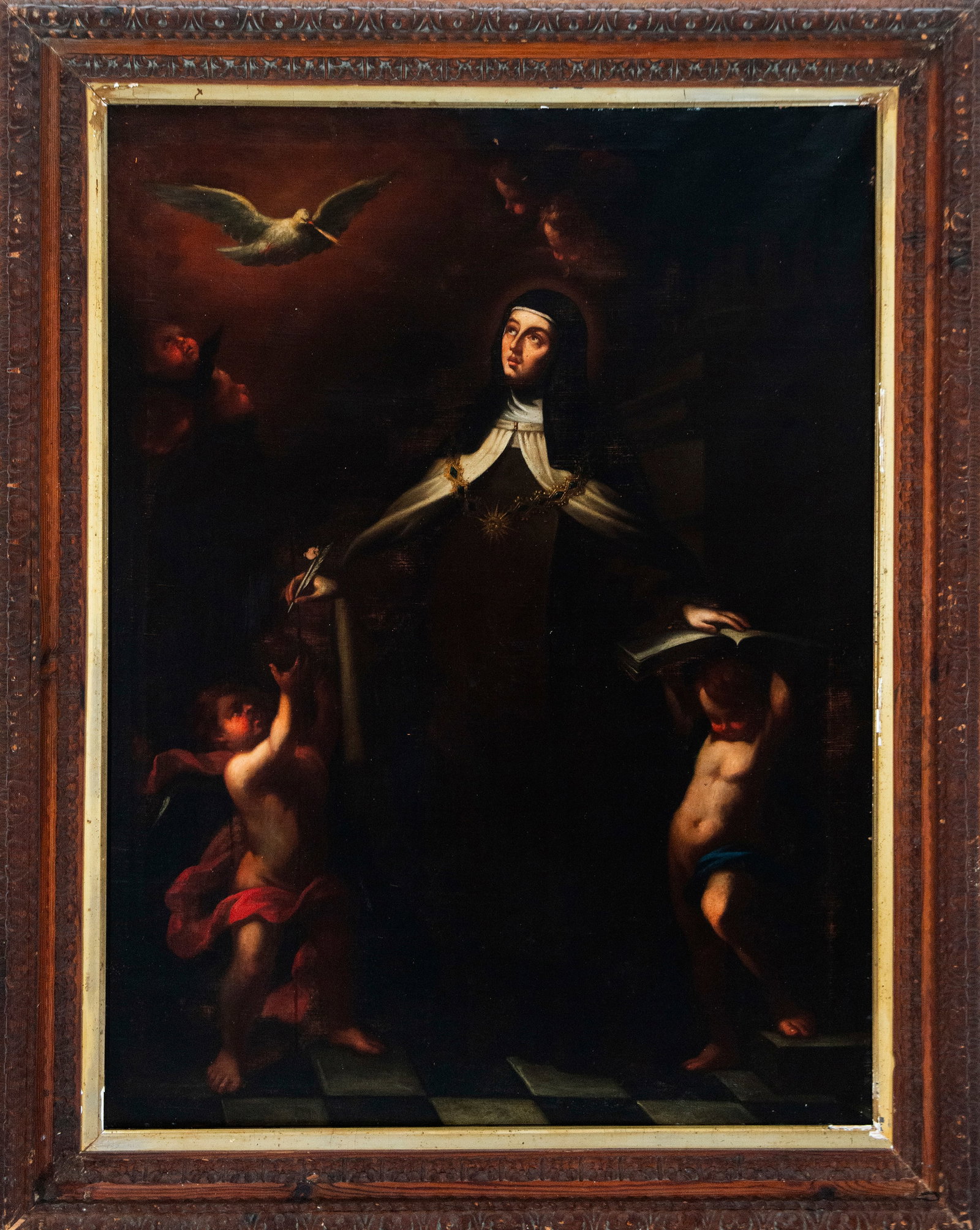 Saint Teresa in ecstasy. Hispanic American Baroque school. 18th century.: Oil on canvas. Dimensions: 103 x 83 cm and 134 x 106 cm. The work depicts Saint Teresa of ?vila in the throes of mystical ecstasy, her gaze directed upwards, where a dove—symbol of the Holy Spirit��