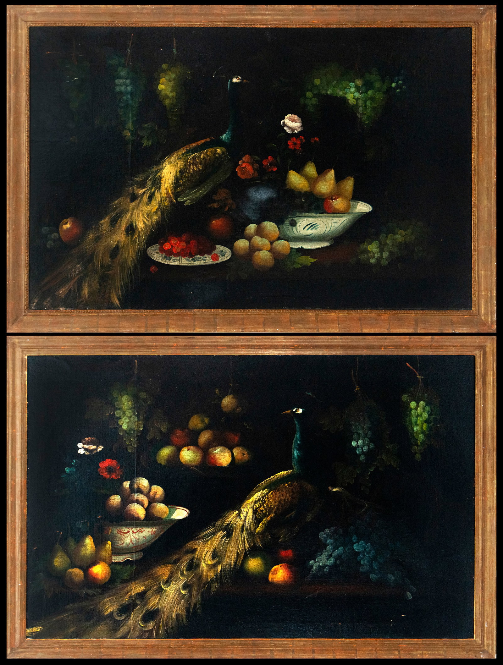 Pair of still lifes with peacocks and fruit. Flemish Baroque school. 17th century: Oil on canvas. Dimensions: 141 x 92 cm and 151 x 103 cm. This pair of still lifes unfolds a lush and detailed composition with peacocks in the foreground, accompanied by fruit arranged in bowls, plate