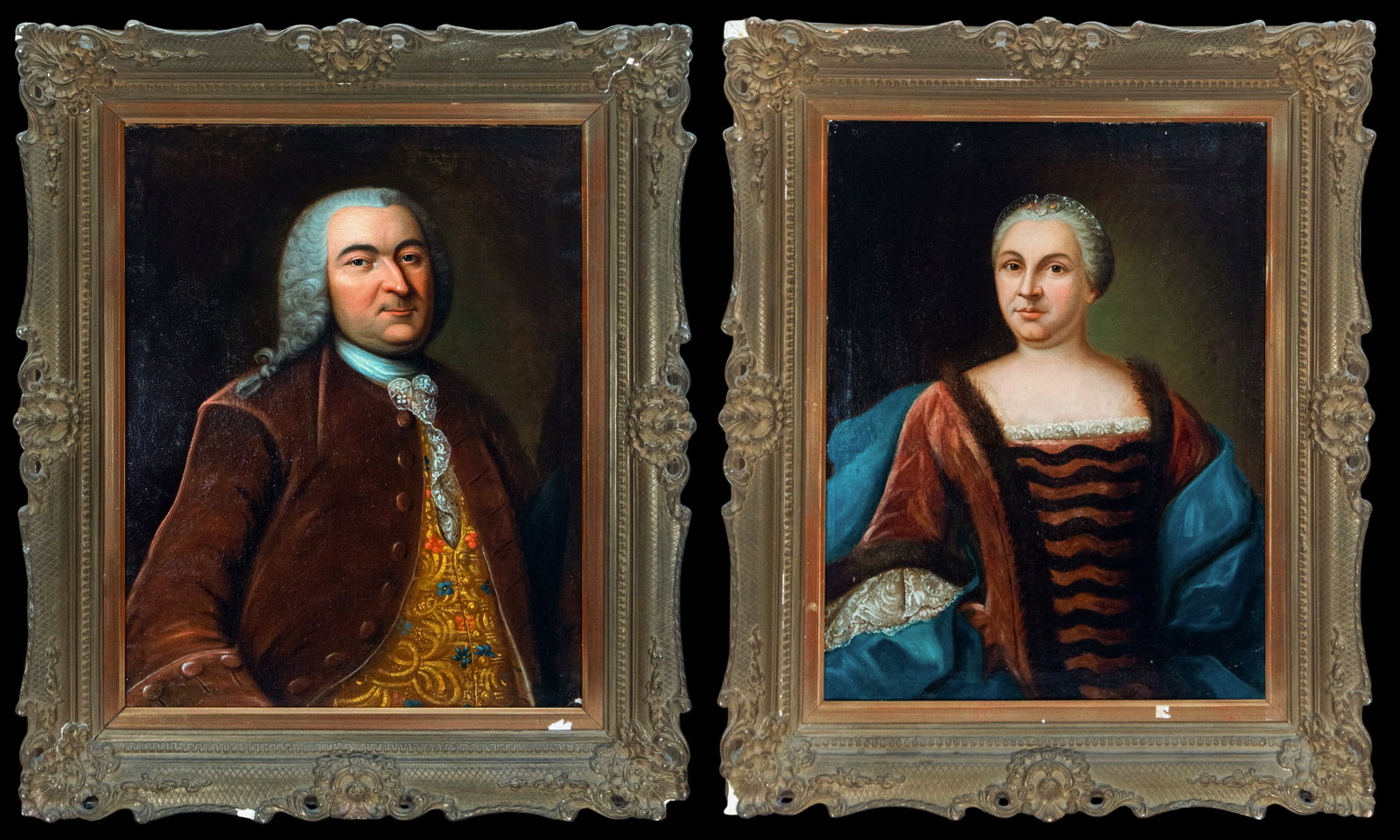 Pair of portraits of a gentleman and lady. German school. 18th century: Oil on canvas. Dimensions: 79 x 60 cm and 104 x 83 cm. This pair of portraits depicts a gentleman and a lady of high society, both in a frontal and dignified pose, framed by ornate and substantial mol