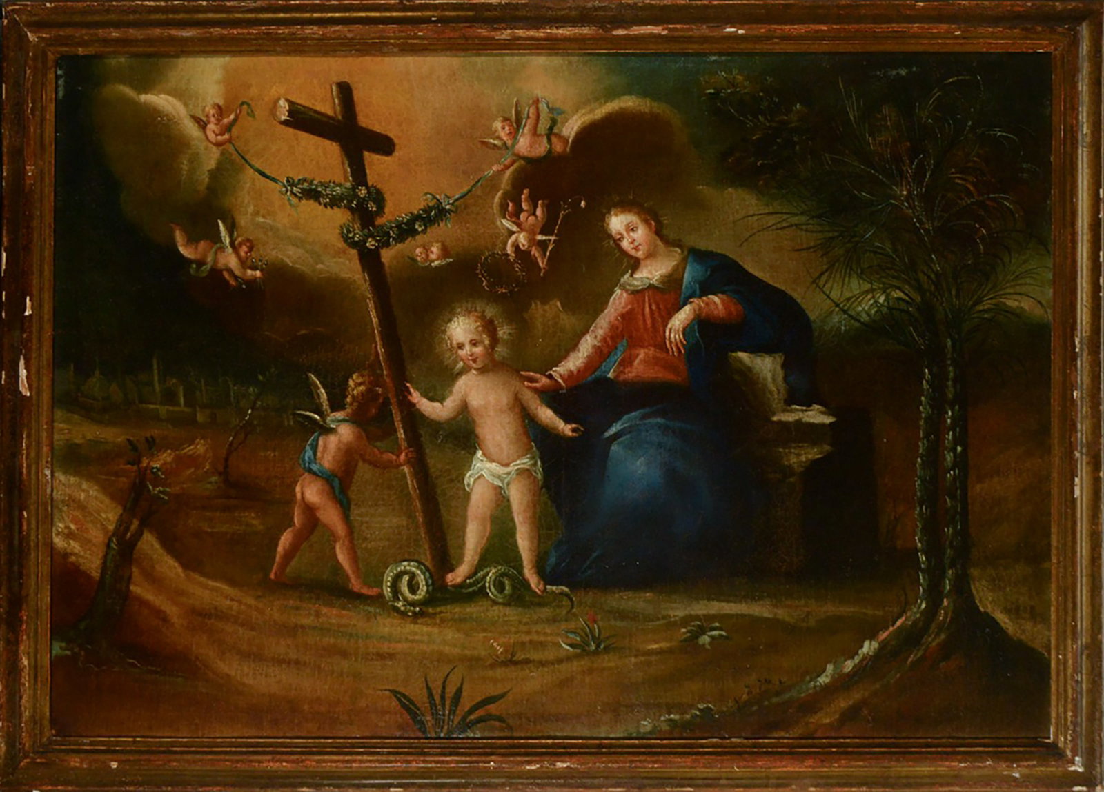 Oil painting on canvas of the Virgin with the Child Jesus carrying the cross: Measurements: 95 cm x 65 cm and 104 cm x 75 cm