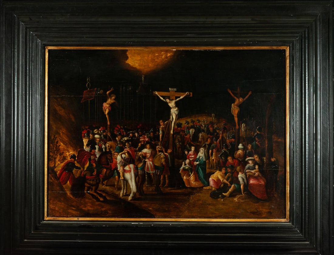 Large oil on panel representing Mount Calvary, circle of Frans Fracken II (Antwerp, 1581 - 1642): Oil on oak panel, board measurements: 106 x 75 cm, framed: 148 x 118 cm