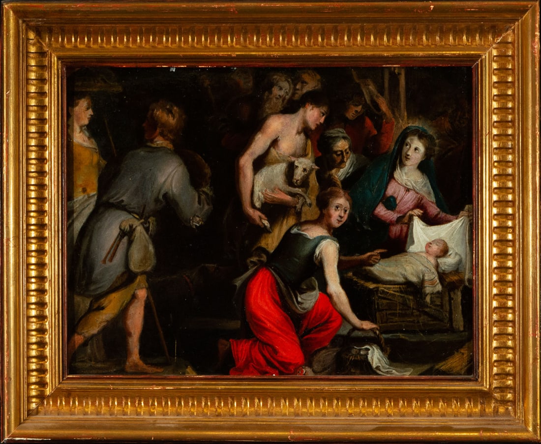 Adoration of Shepherds, Italian or Flemish school of the seventeenth century: Oil on copper, copper measurements: 31 x 24 cm, framed: 40 x 33 cm