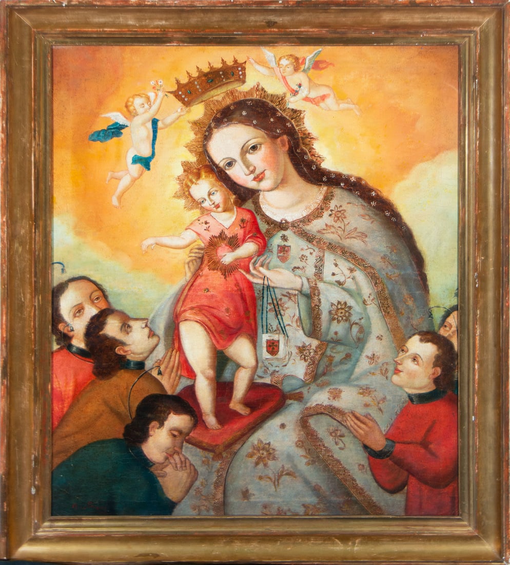Crowned Virgin with Child in her arms surrounded by Donors, Cuzco Colonial school from the 17th: Oil on canvas, framed measurements: 99 X 83 cm. Canvas measures: 84 X 70 cm
