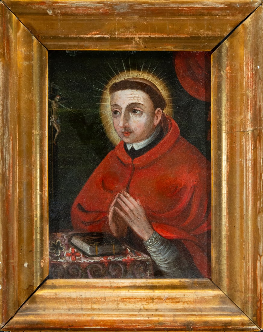 Saint Toribio of Mogrovejo, Viceregal colonial school, 17th century: Oil on copper, 19 x 14 cm, framed measurements: 25 x 20 cm