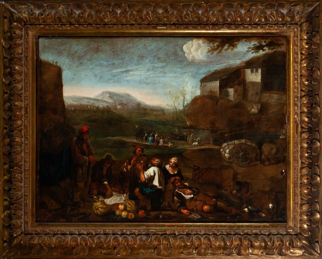 Important Pastoral Scene, Italian school from the second half of the 17th century, possibly: Oil on canvas. Measurements: 89 x 67 cm, framed measurements: 114 x 92 cm