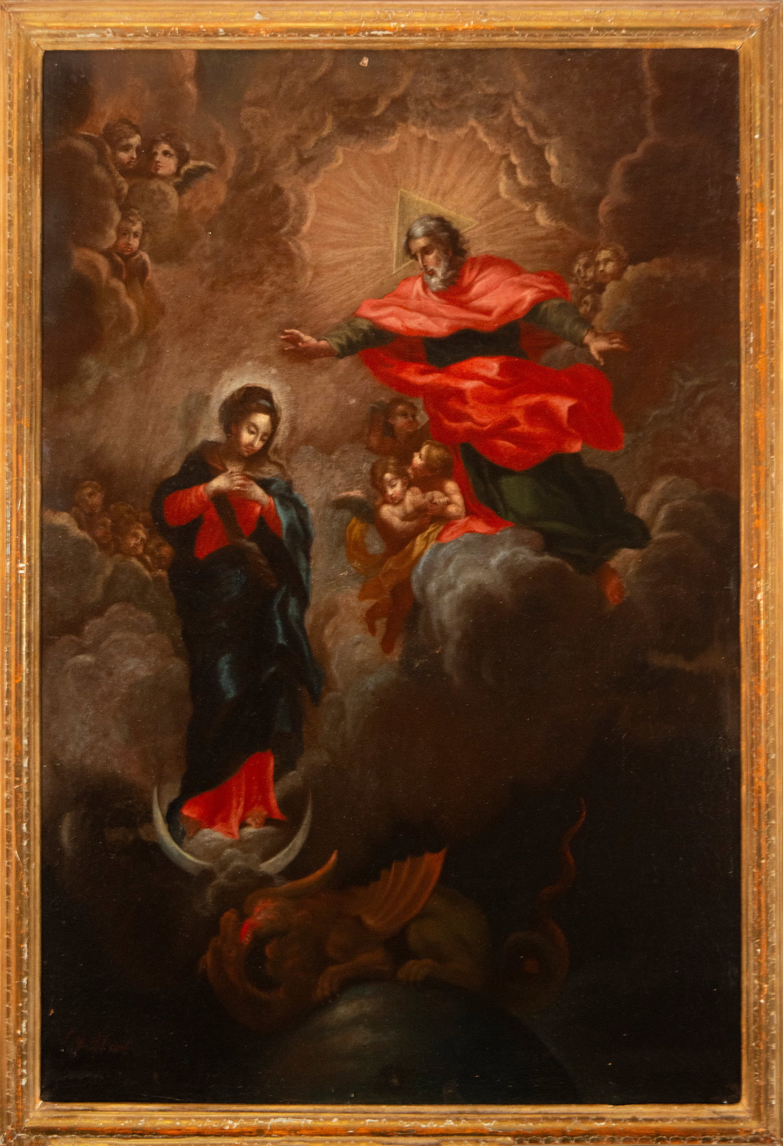 Oil on canvas painting Ascension of the Virgin, 17th century colonial school: Measurements: 81 cm x 61 cm and 88 cm x 68 cm