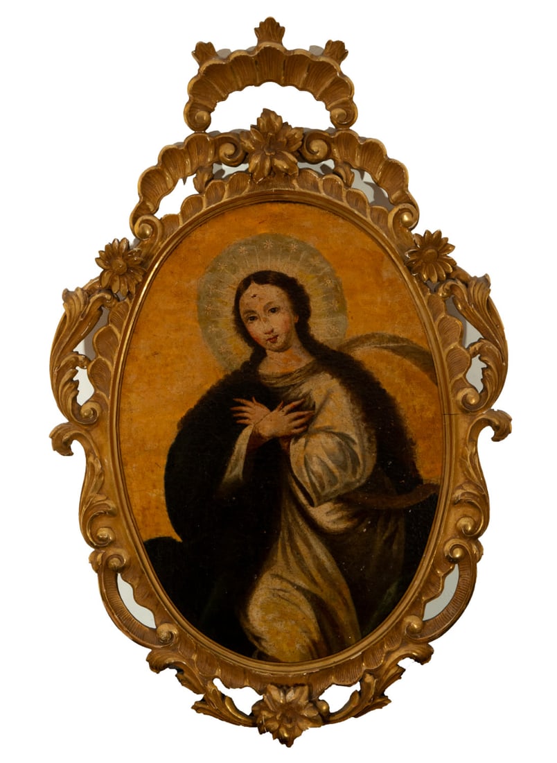 Immaculate Conception in oval, Spanish school, 17th century: Oil on canvas. Unframed dimensions: 59 x 41. Framed dimensions: 88 x 38. Immaculate Conception and oval frame.