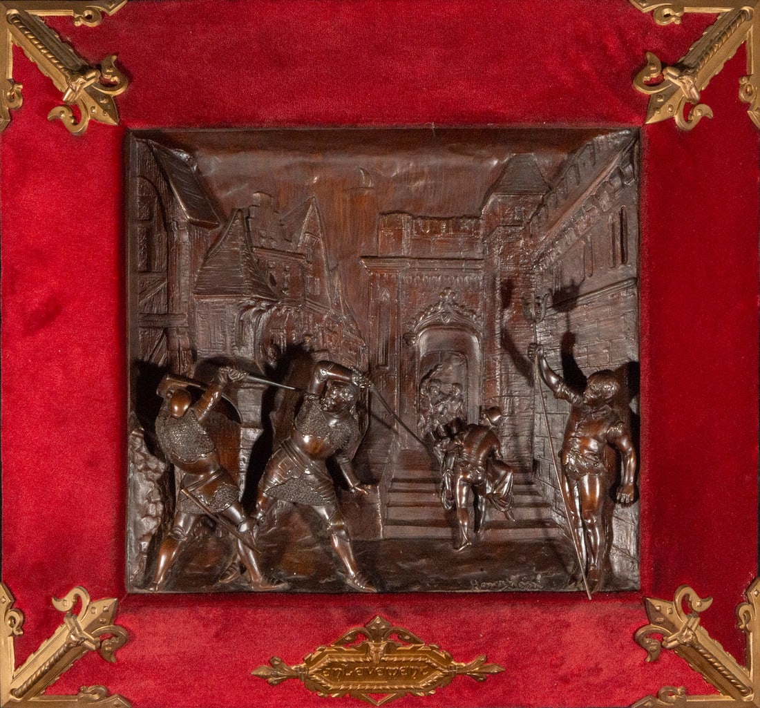 Signed 19th century bronze relief of a German musketeer duel (1 of 6)
