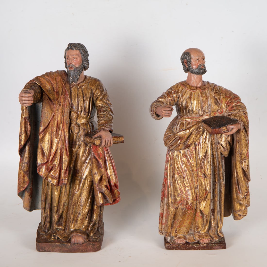Large Pair of Sculptures of the Evangelists Saint Matthew and Saint Mark, Castilian school of the: Measurements: 43 x 23 x 15. Provenance: important private collection.
