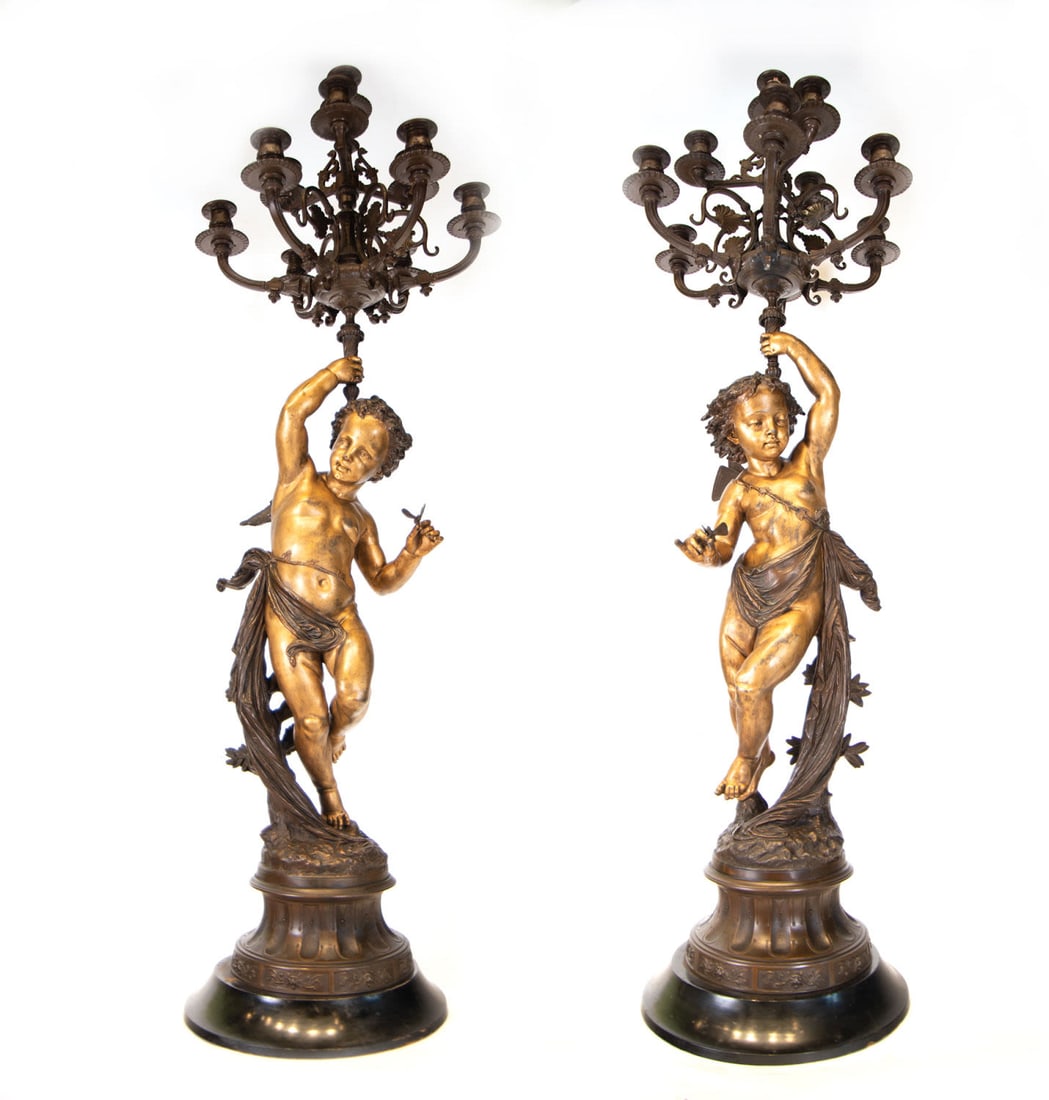 Majestic and Large Pair of Large Cherub Torch Holders in Gilt and Patinated Bronze, French school of: Total measurements: 140 x 50 x 50 cm. Origin: Entrance staircase of a stately mansion in the Almagro neighborhood of Madrid.