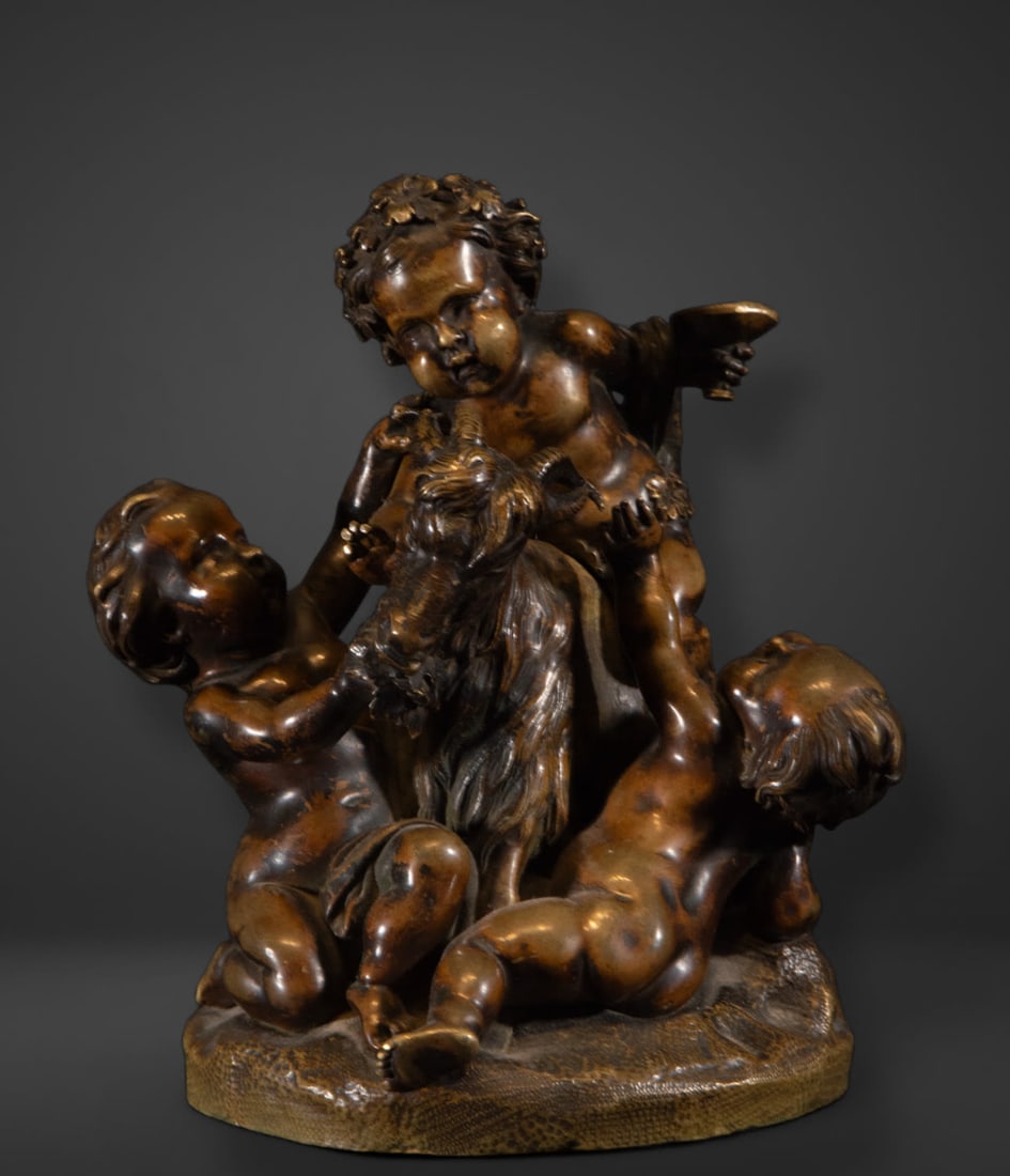 Allegorical bronze sculpture of Amores playing with a goat, 19th century: Measurements: 17 x 15 x 12 cm.