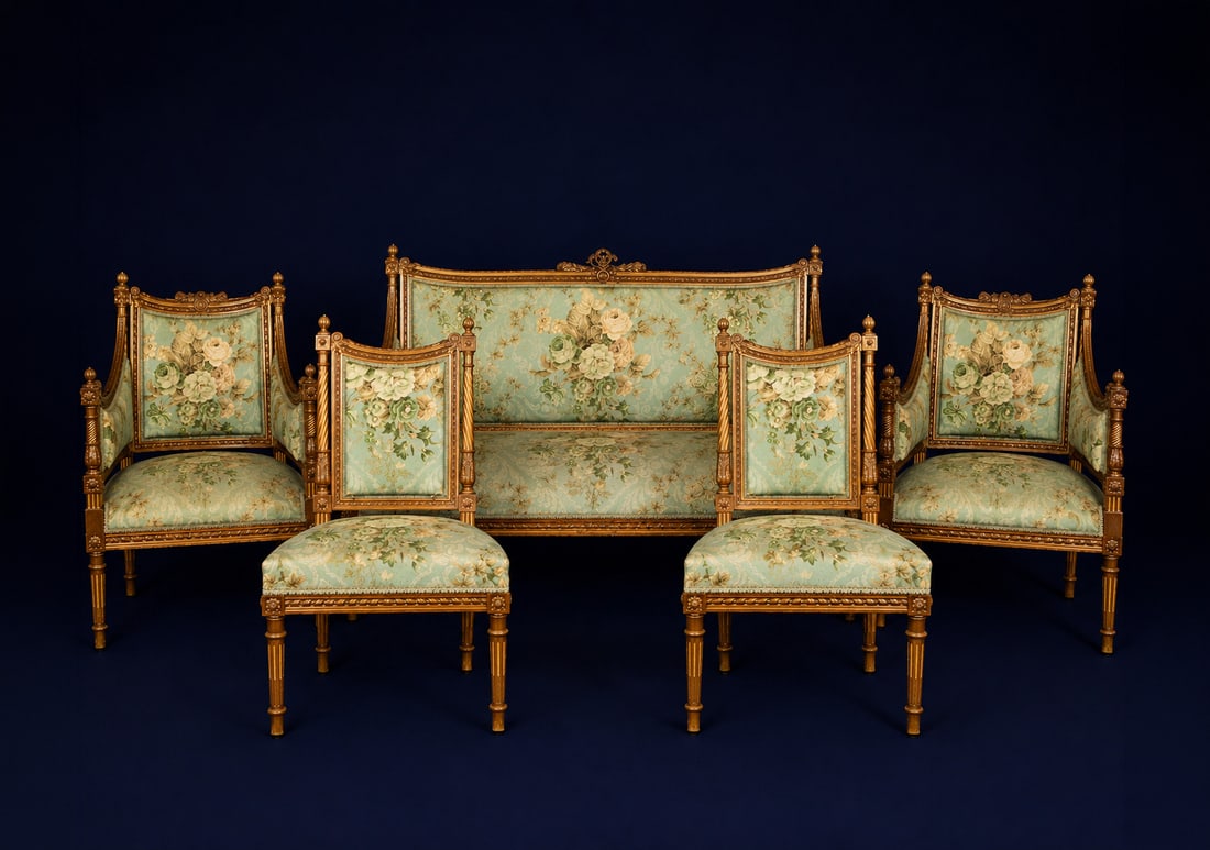 Lot of sofa, 2 chairs and 2 armchairs in the Louis XVI style French style: Elegantly upholstered in silk with floral motifs and a light blue background. Measurements: 94 cm x 51 cm x 46 cm; 99cm x 64cm x 54cm; 109cm x 140cm x 58cm.
