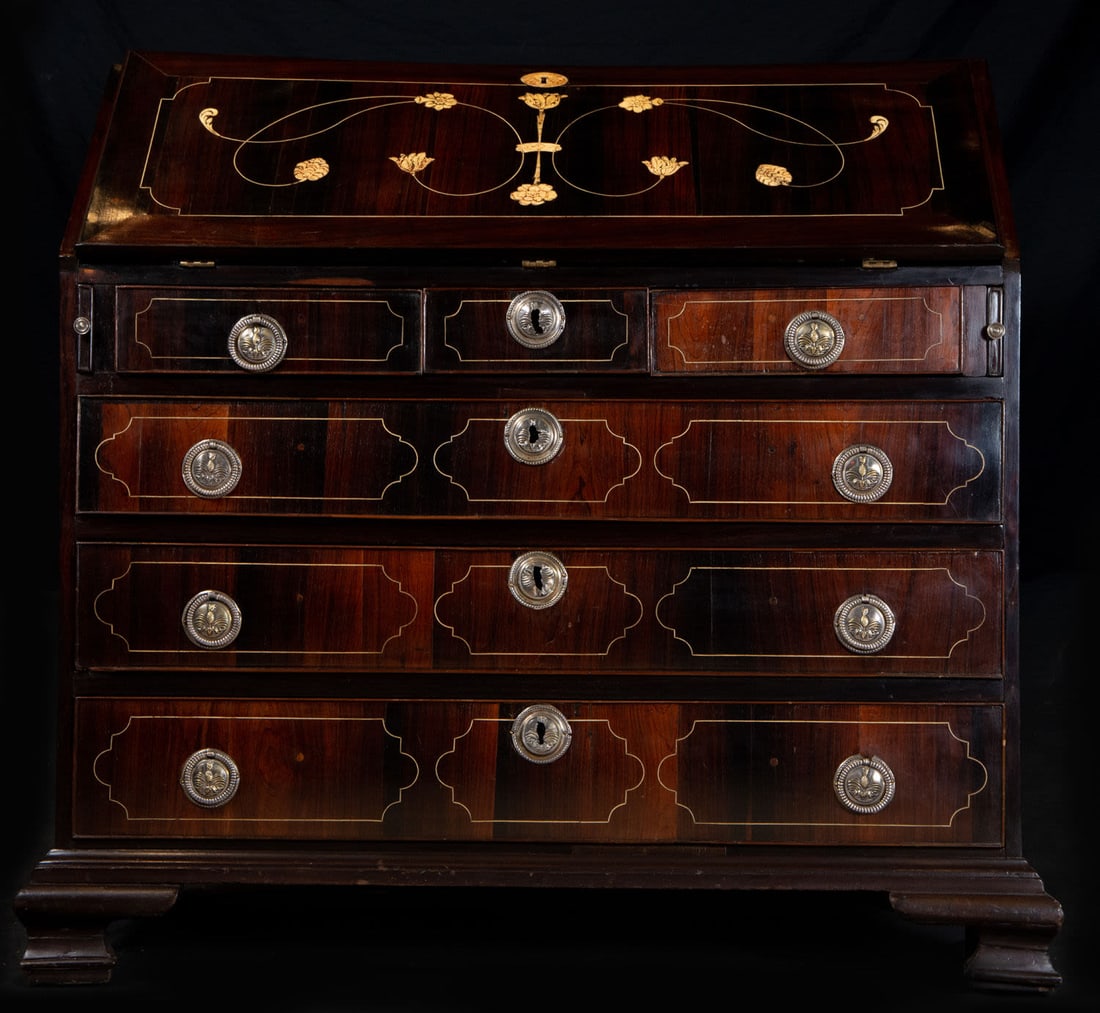 Drawing Chest with secretaire in Bone and Rosewood marquetry with Silver handles, Italy, 18th: Measurements: 111 x 118 x 55 cm