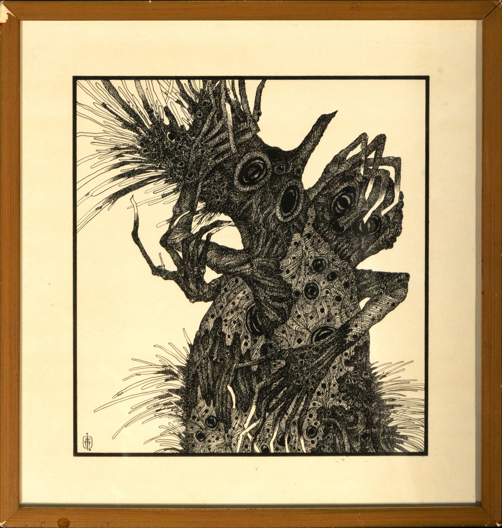 Engraving “Nature??, Contemporary School, 20th Century: Etching on paper. Dimensions: 26 x 21 cm; 35 x 31 cm. A fantastical, organic, and surreal composition constructed through a complex network of lines, patterns, and biomorphic forms that evoke plant li