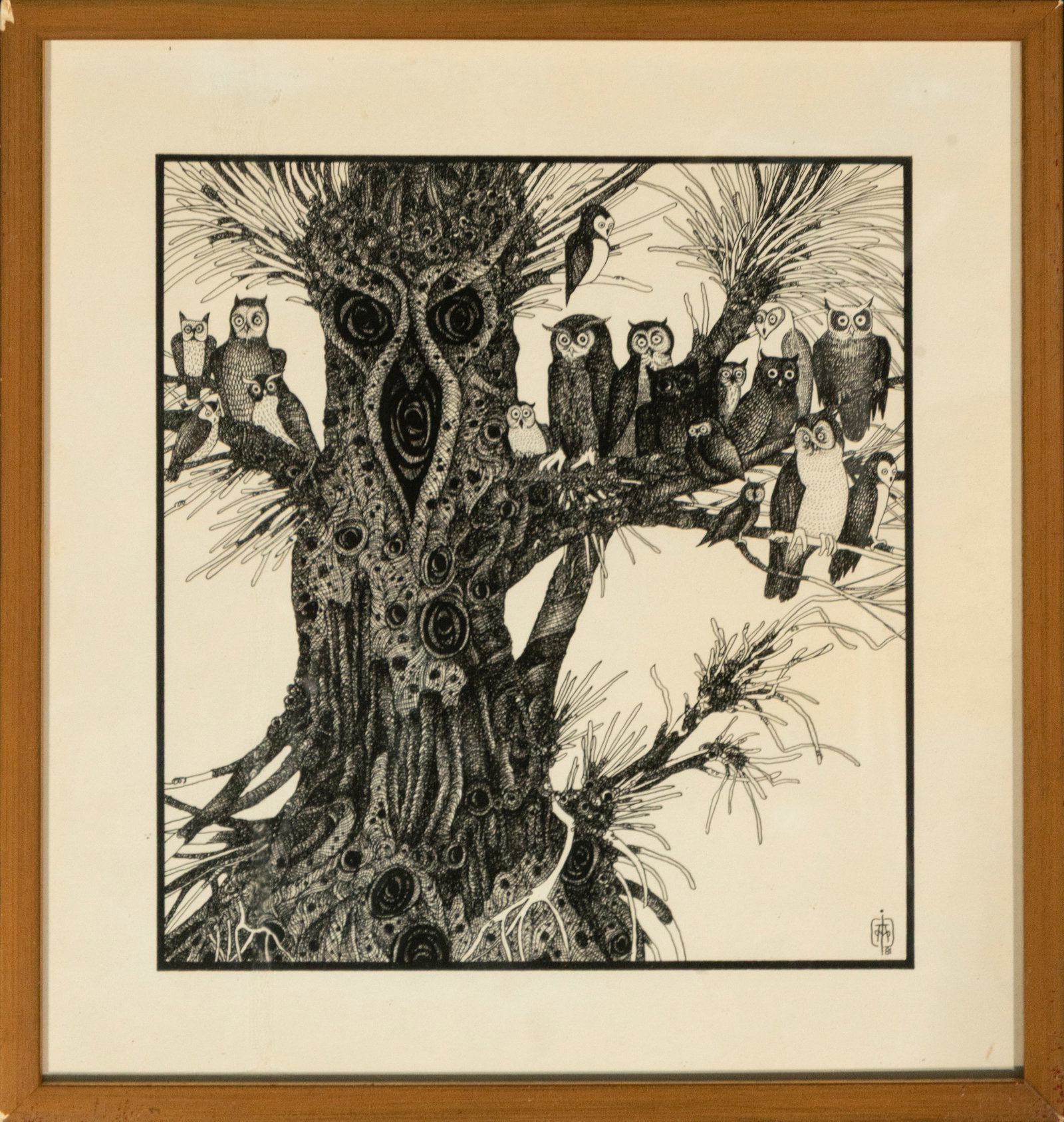 Engraving “Nature with Owls??, Contemporary School, 20th Century: Print on paper. Dimensions: 26 x 21 cm; 35 x 31 cm. A fantastical scene featuring a large anthropomorphic tree covered in organic shapes and circular cavities, upon whose branches a large colony of ow