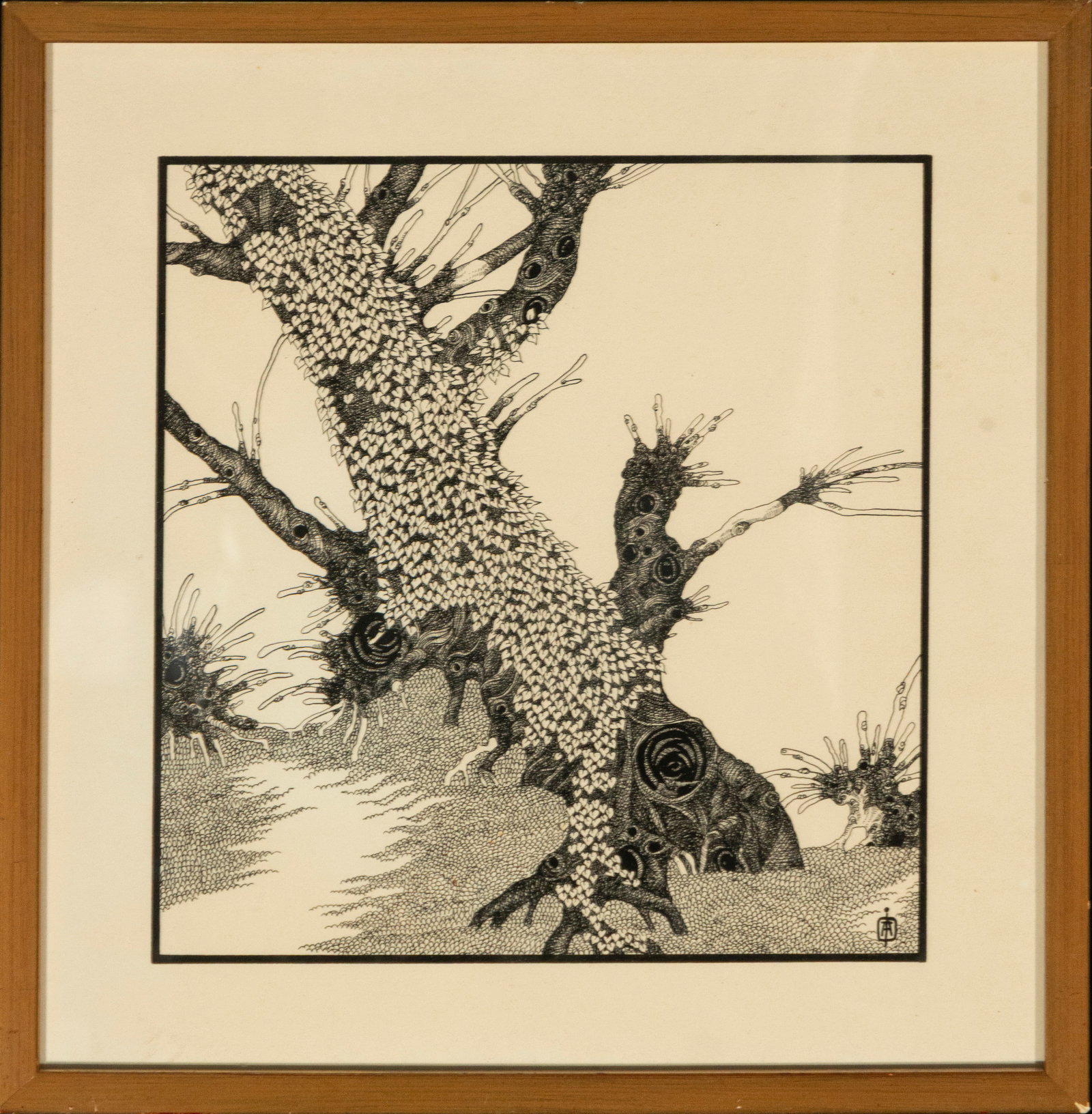 Engraving “Nature Fantasy??, Contemporary School, 20th Century: Etching on paper. Dimensions: 26 x 21 cm; 35 x 31 cm. A fantastical composition centered on an organic landscape of unreal trees and surfaces covered with meticulous linear patterns reminiscent of bio