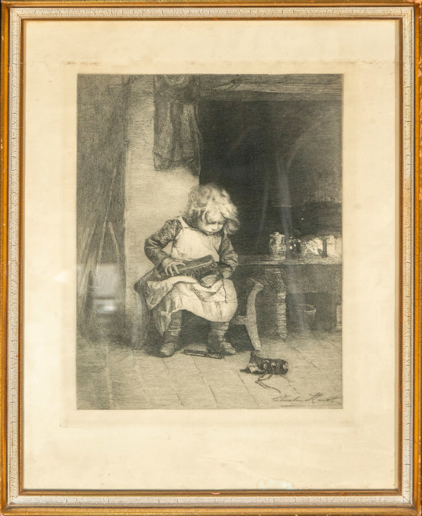 Engraving “Boy Cleaning Shoe??, Signed, European School, 19th Century: Signed etching on paper. Dimensions: 40 x 29 cm; 54 x 45 cm. An interior scene featuring a seated child carefully cleaning a shoe, focused on the task and enveloped in an intimate and quiet atmosphere