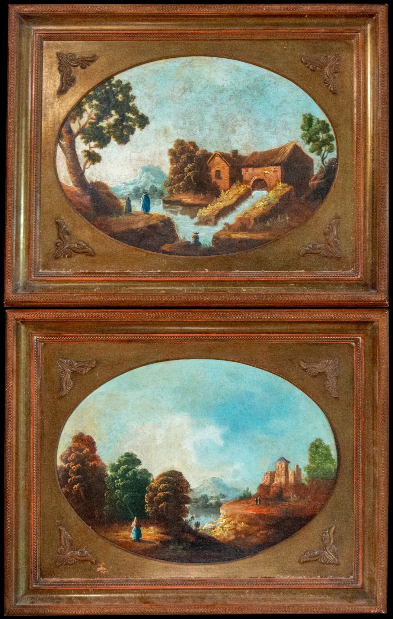 Pair of oval landscapes with architecture and figures, European School, 19th Century (1 of 6)