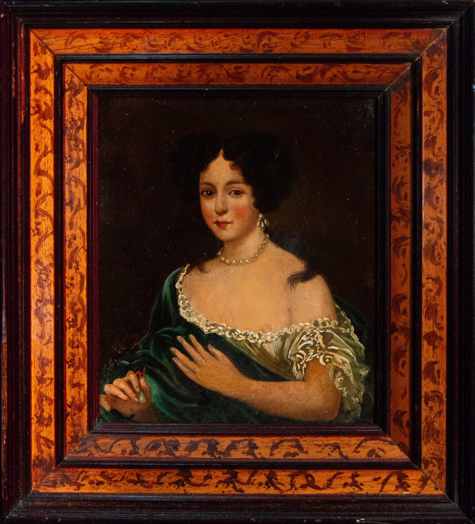 Portrait of a Lady, European School, Early 20th Century: Oil on copper. Half-length portrait of a woman in an elegant dark green dress with white lace and a pearl necklace, following bourgeois models of historicist taste. The figure appears against a dark b
