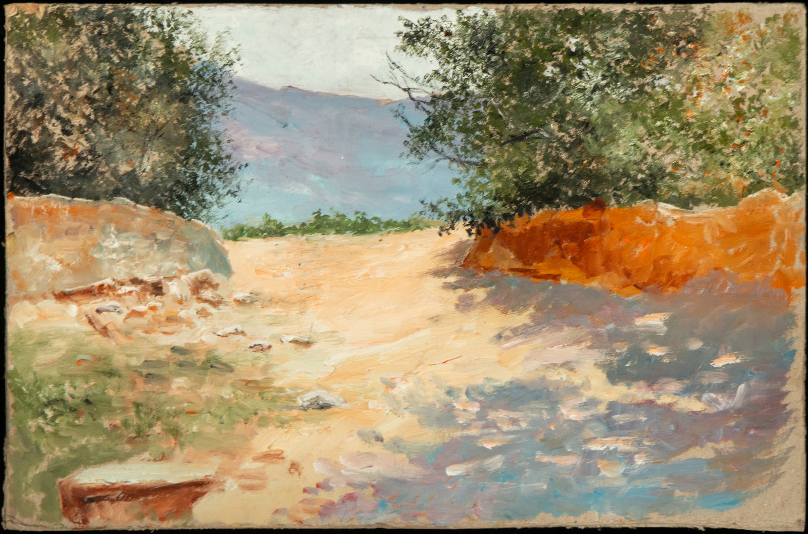 Landscape, Spanish School, 20th Century: Oil on cardboard. Dimensions: 32 x 20 cm. A rural landscape open between earthen walls and lush vegetation, articulated through a luminous composition of strong gestural spontaneity and vibrant brushs