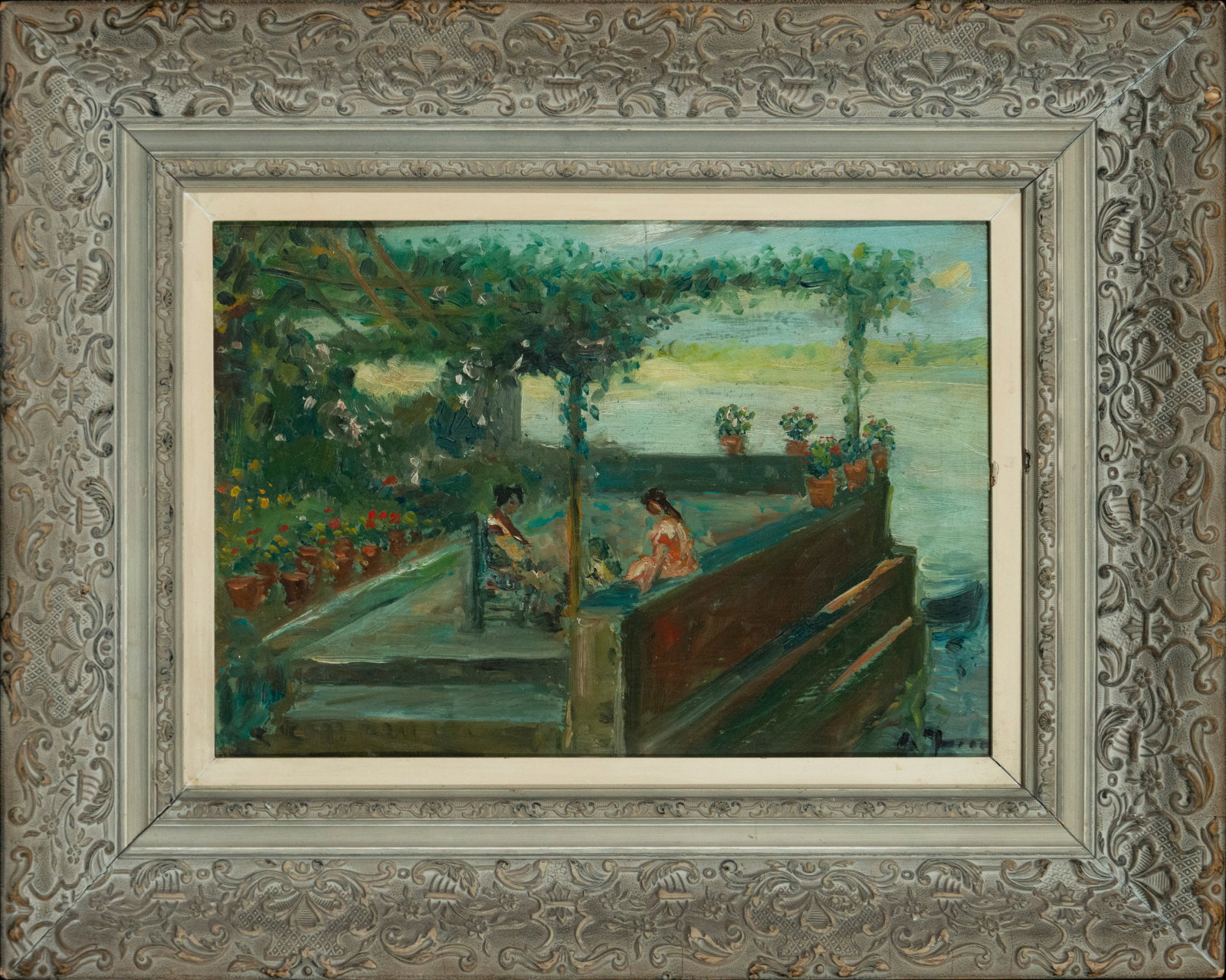 Oil on panel “Landscape with Figures??, French School, Early 20th Century: Oil on panel. Dimensions: 36 x 24 cm; 54 x 43 cm. A garden or terrace scene by the water features two female figures under a pergola covered in vegetation and surrounded by flowering pots. The composi