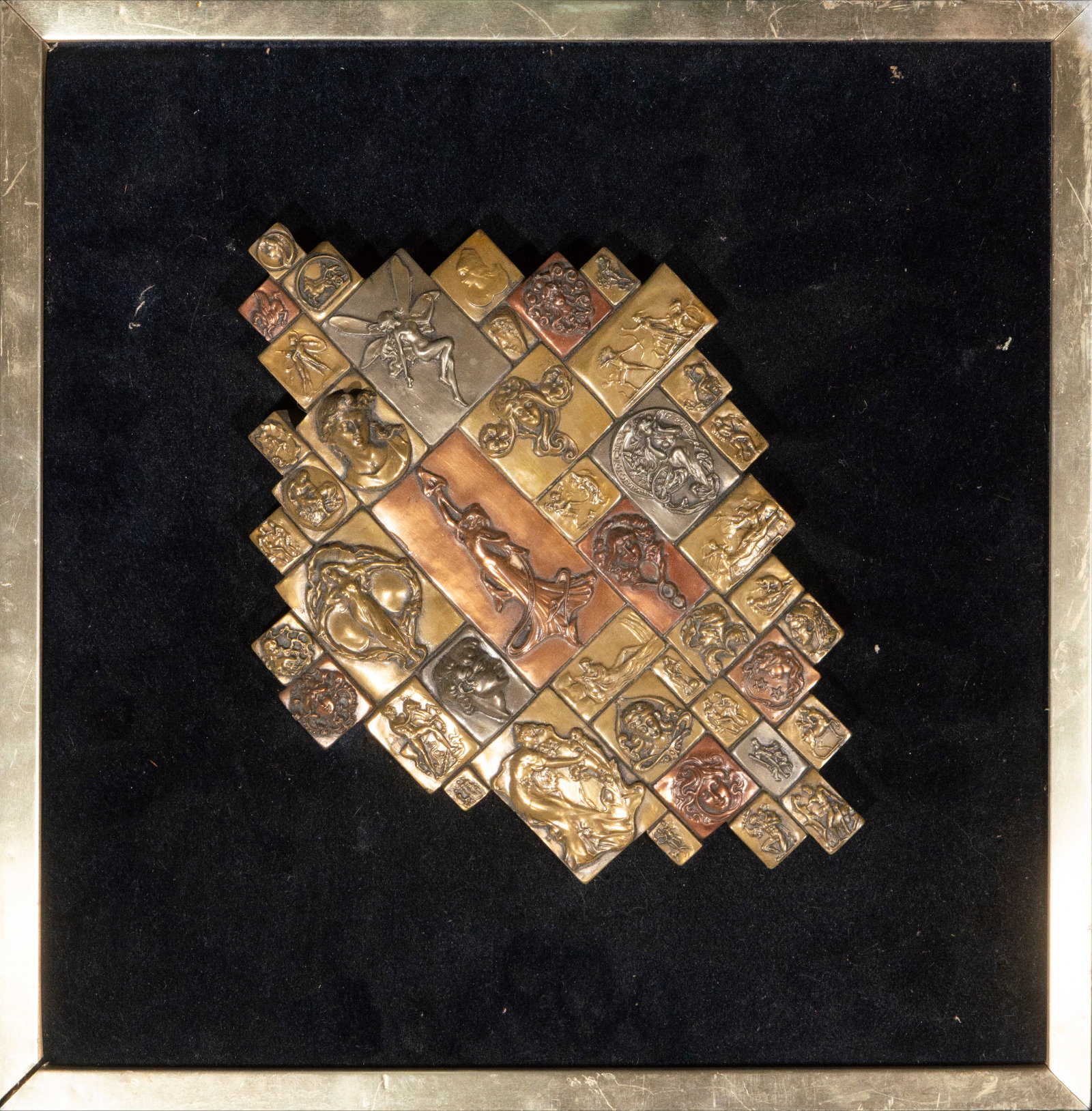 Bronze relief, signed Giovanni Schoeman, Contemporary School, 20th century: Polychrome bronze relief. Dimensions: 22 x 20 cm; 36 x 36 cm. Geometric composition formed by multiple relief plaques with mythological scenes, female figures, masks, and ornamental motifs arranged in