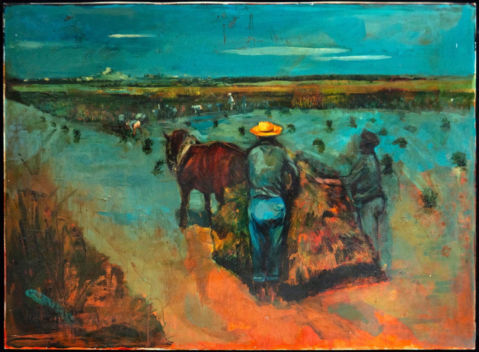 Plowing the land, Cándido Orti, Spanish School, 20th Century: Oil on canvas. Rural scene with two peasant figures working alongside a horse in an open marshland or flooded field. The composition unfolds under a vast blue sky with long horizontal clouds, while re