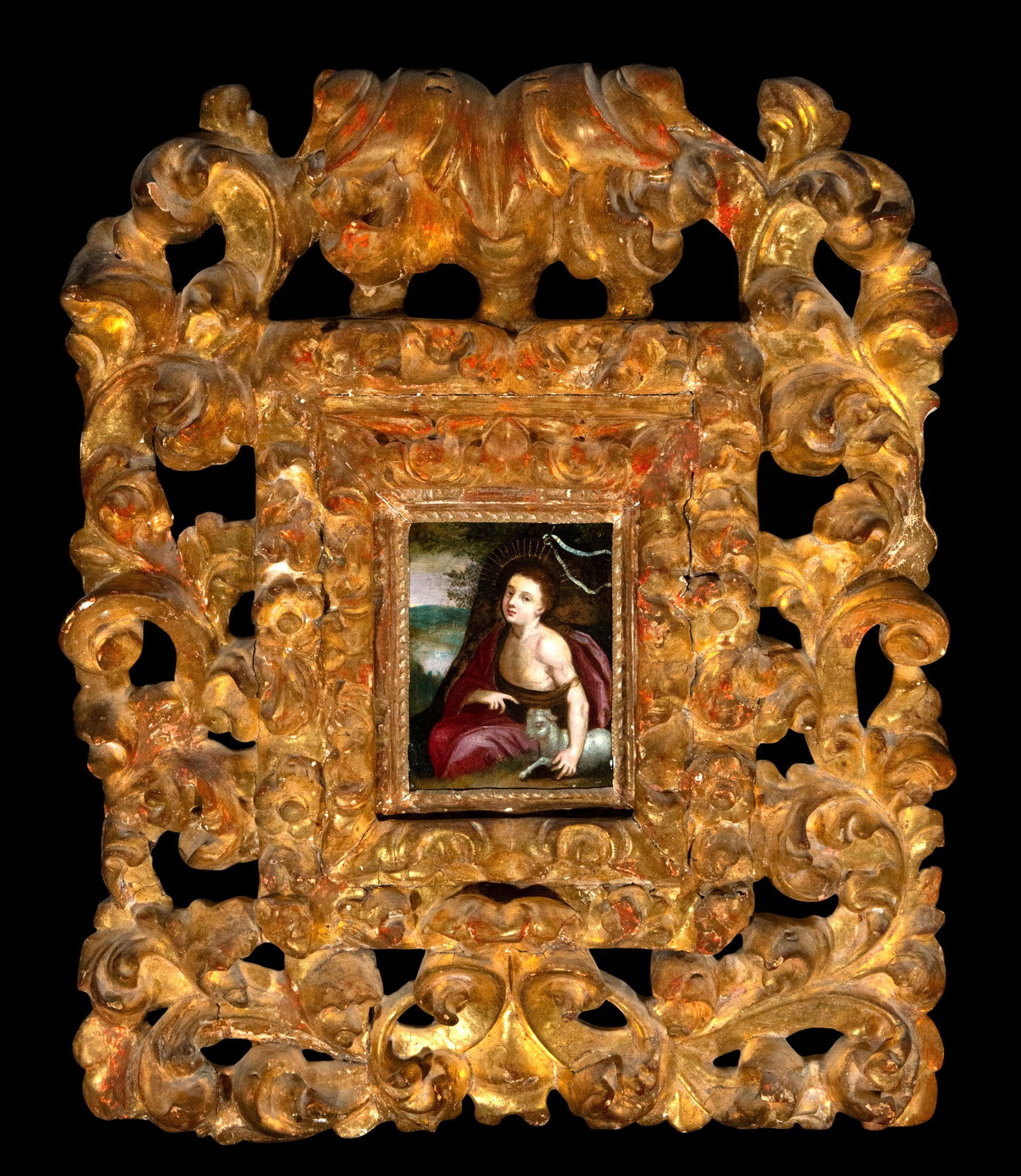 Saint John the Baptist with Lamb, Italian School, 17th Century: Measurements: 12 x 42 cm; frame: 65 x 51 cm.