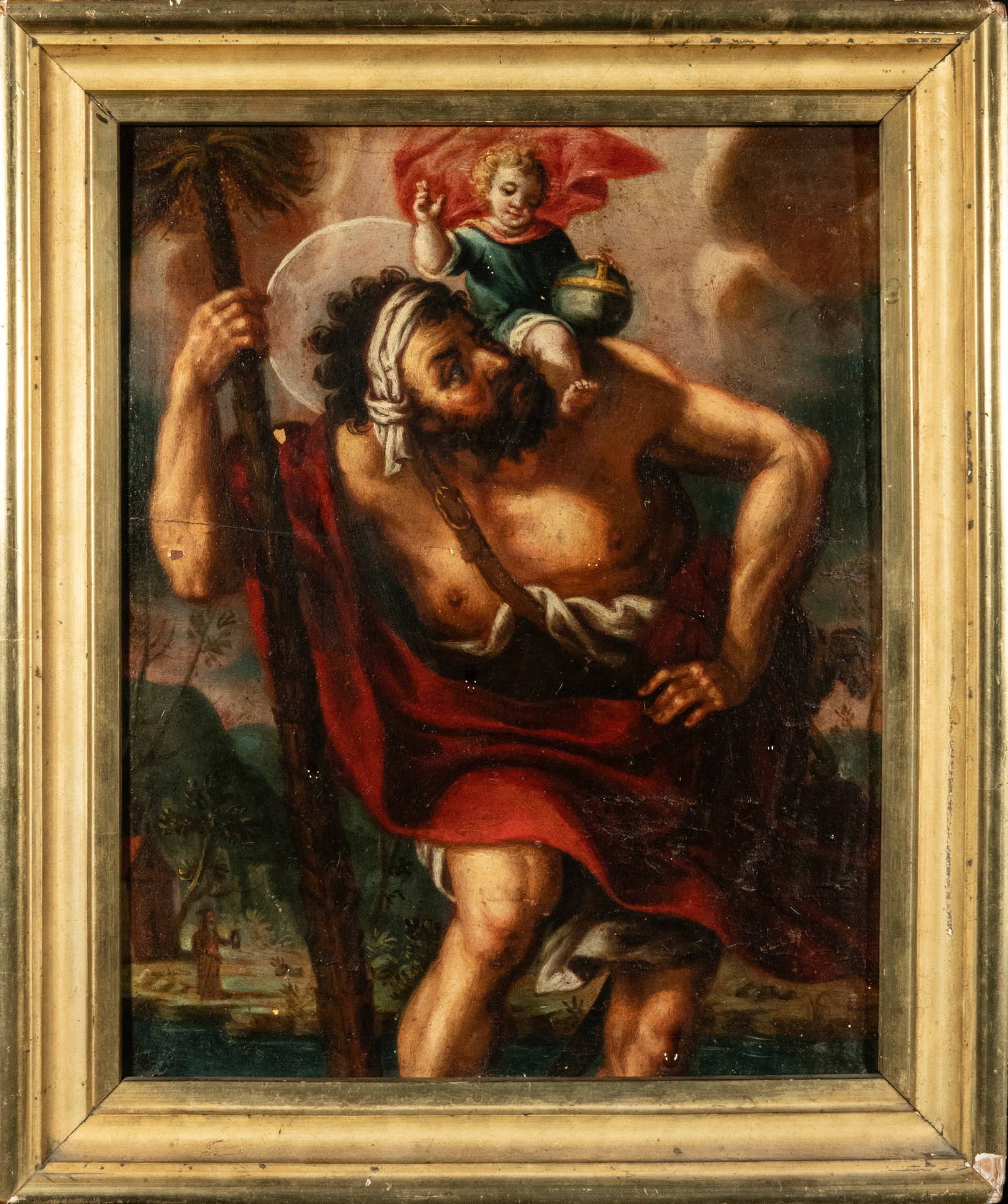 18th Century Mexican Colonial School - Saint Christopher Carrying the Child Jesus: Oil on panel. Mexico, 18th century. Dimensions: 27 × 22 cm (unframed); 33 × 28 cm (framed). An interesting depiction of Saint Christopher carrying the Christ Child on his shoulders across a river, o