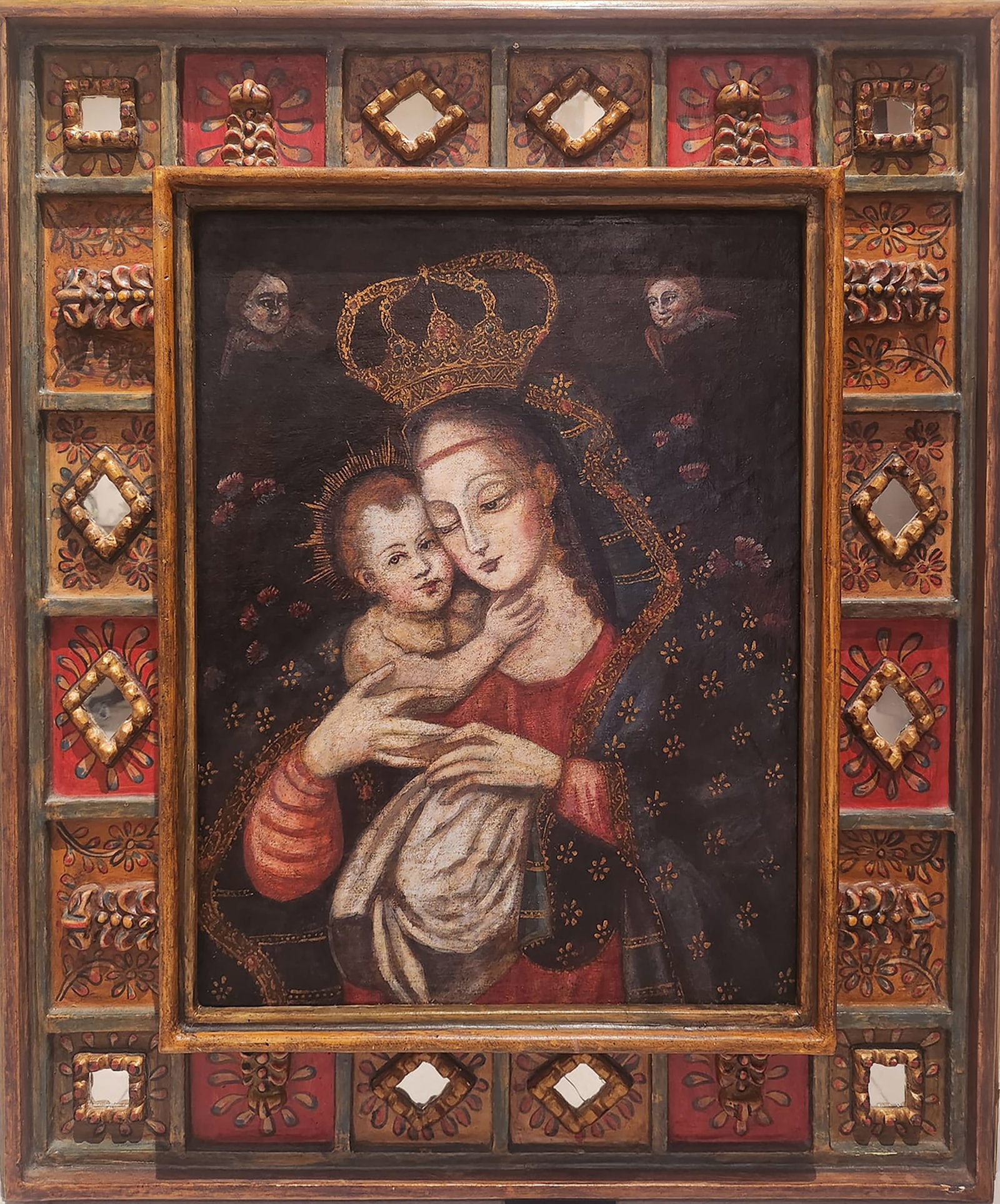 Virgin and Child with Crown, Cuzco Colonial School, 18th Century: Oil on canvas. Dimensions: 50 x 37 cm; 78 x 67 cm with frame. A Marian composition of intense popular devotion, centered on the crowned Virgin holding the Christ Child in a close, frontal pose, surrou